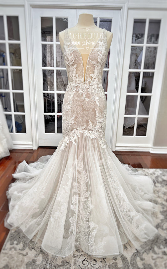 Strappy Low Back Plunge Neckline Beaded Floral Lace Trumpet Wedding Dress Kai - A.Cherie Couture Shop