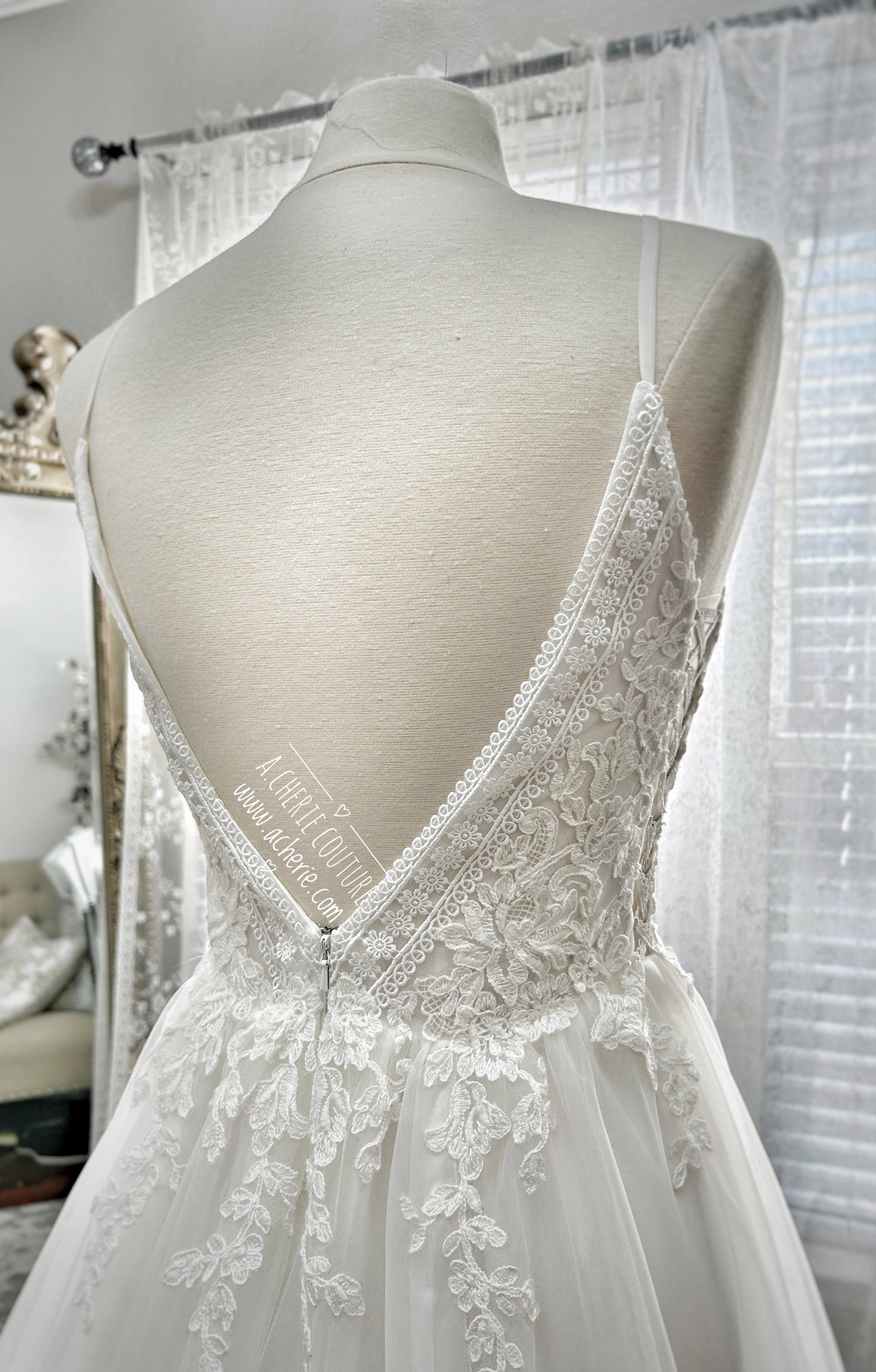 Strap Plunge Neckline Side Cut-Outs Lace & Tulle A-Line Wedding Dress Daisy - A.Cherie Couture Shop