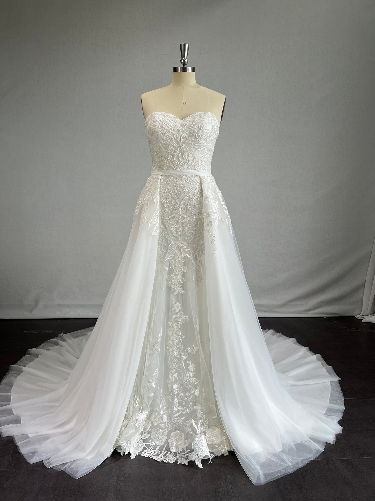 Beaded Floral Lace on Tulle Princess Seam Wedding Overskirt - A.Cherie Couture Shop