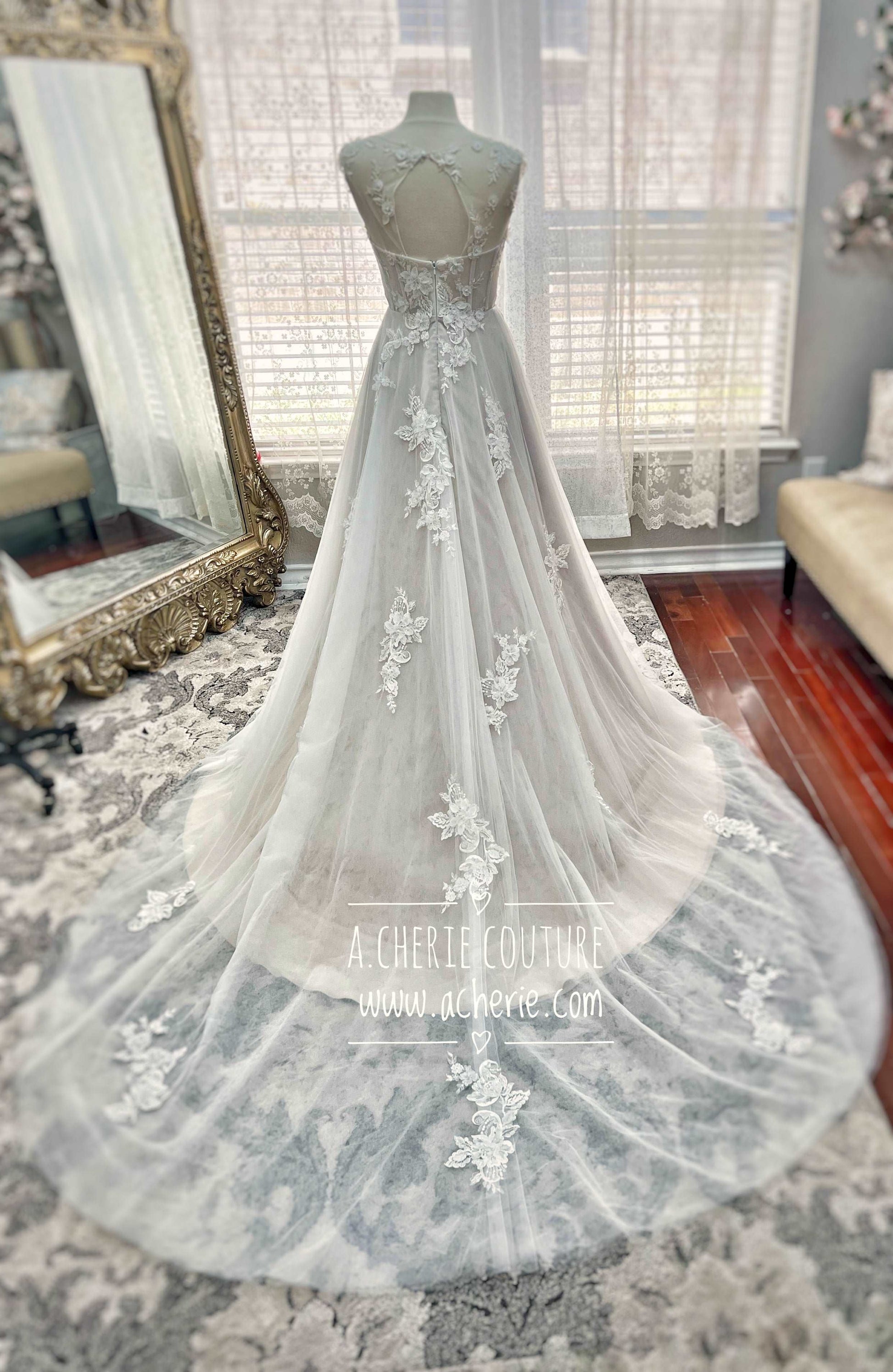 Made to Order 3D Floral Lace A-Line Wedding Dress | Shop A.Cherie Light Ivory / US20 / Unlined Made to Order 3D Floral Lace A-Line Wedding Dress | Shop A.Cherie Light Ivory / US20 / Unlined