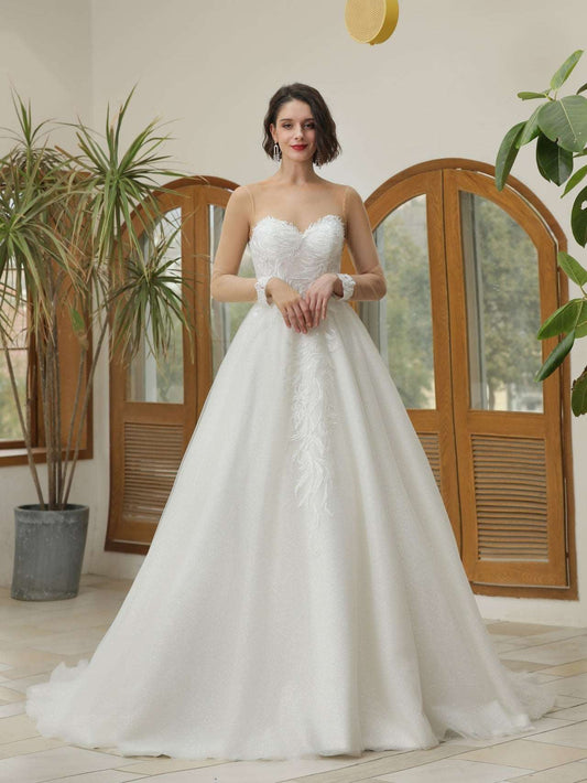 Illusion Neckline Leaf Lace Glitter Full A-Line Wedding Dress Grace