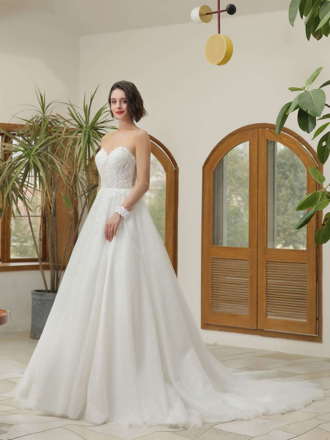 Illusion Neckline Leaf Lace Glitter Full A-Line Wedding Dress Grace