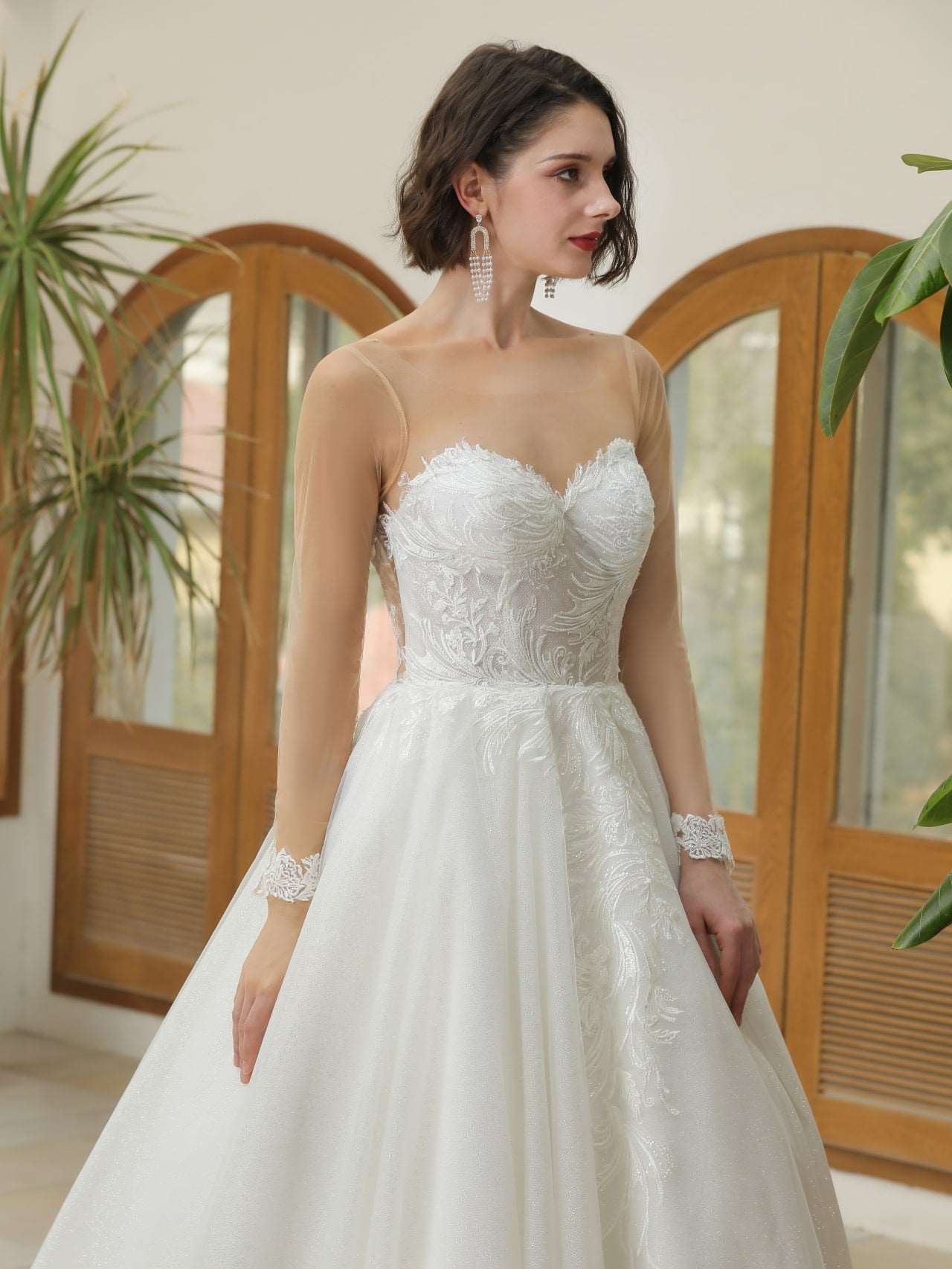 Illusion Neckline Leaf Lace Glitter Full A-Line Wedding Dress Grace