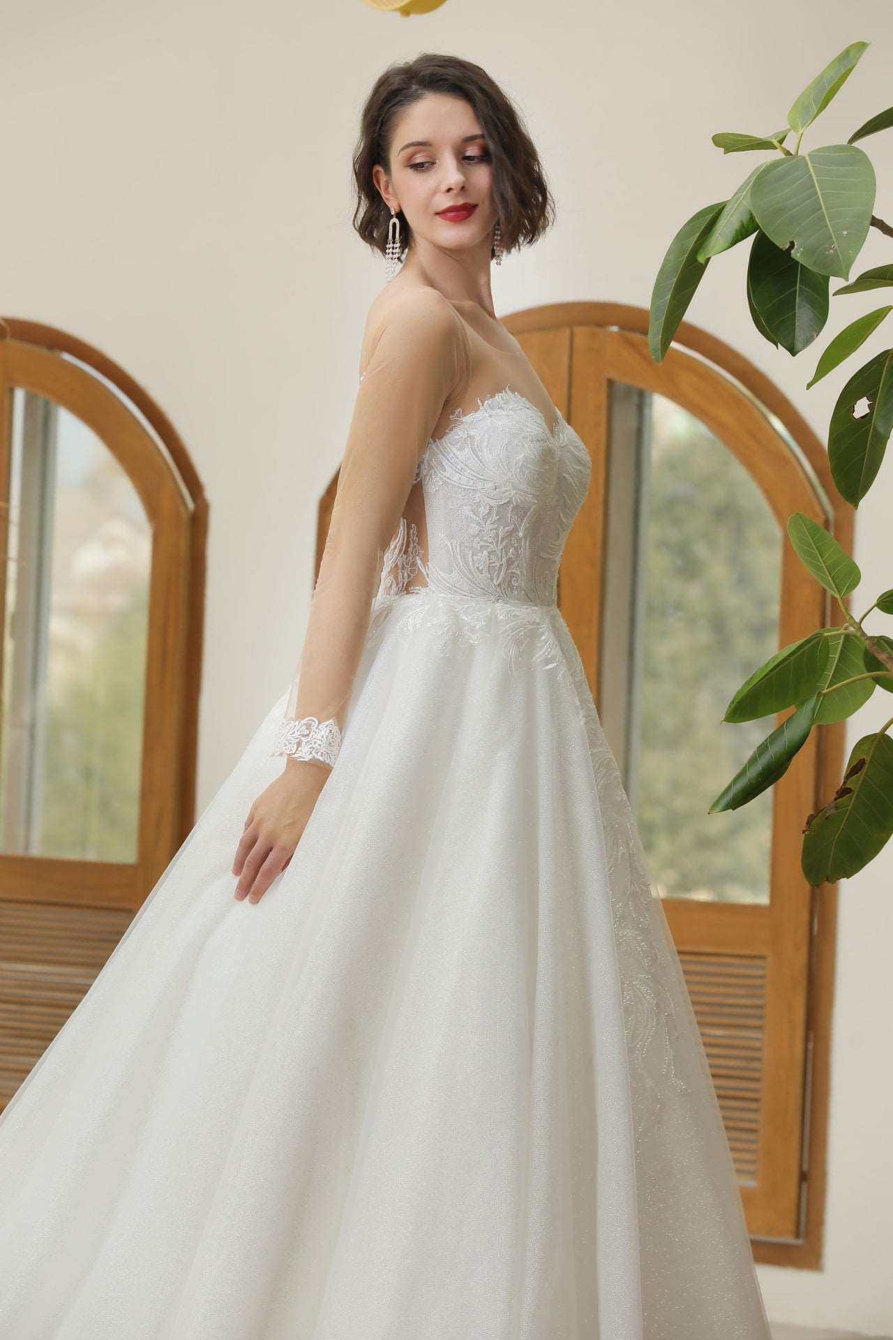 Illusion Neckline Leaf Lace Glitter Full A-Line Wedding Dress Grace