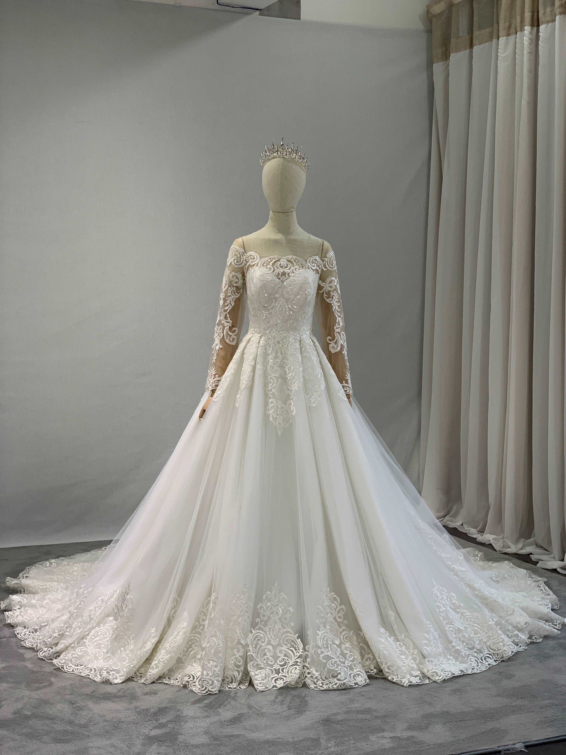 Illusion Neckline Lace & Satin Full A-Line Wedding Dress| Shop A.Cherie Custom / US 16 Illusion Neckline Lace & Satin Full A-Line Wedding Dress| Shop A.Cherie Custom / US 16