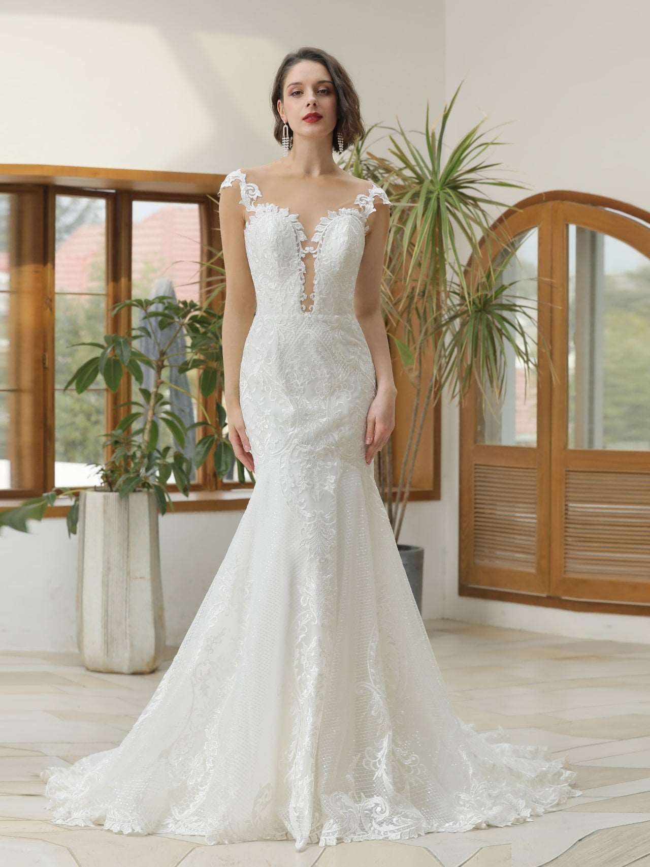 Illusion Neckline Sequin Lace Trumpet Wedding Dress | Shop A.Cherie Light Ivory / US6 Illusion Neckline Sequin Lace Trumpet Wedding Dress | Shop A.Cherie Light Ivory / US6