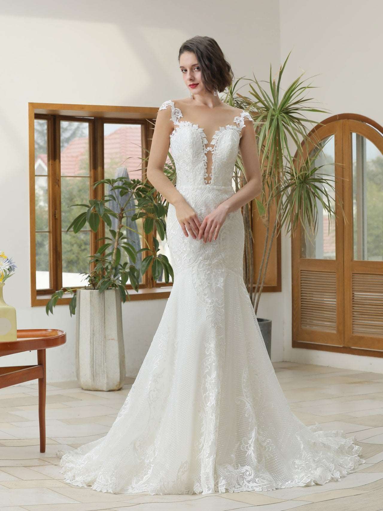 Illusion Neckline Sequin Lace Trumpet Wedding Dress Bonnie