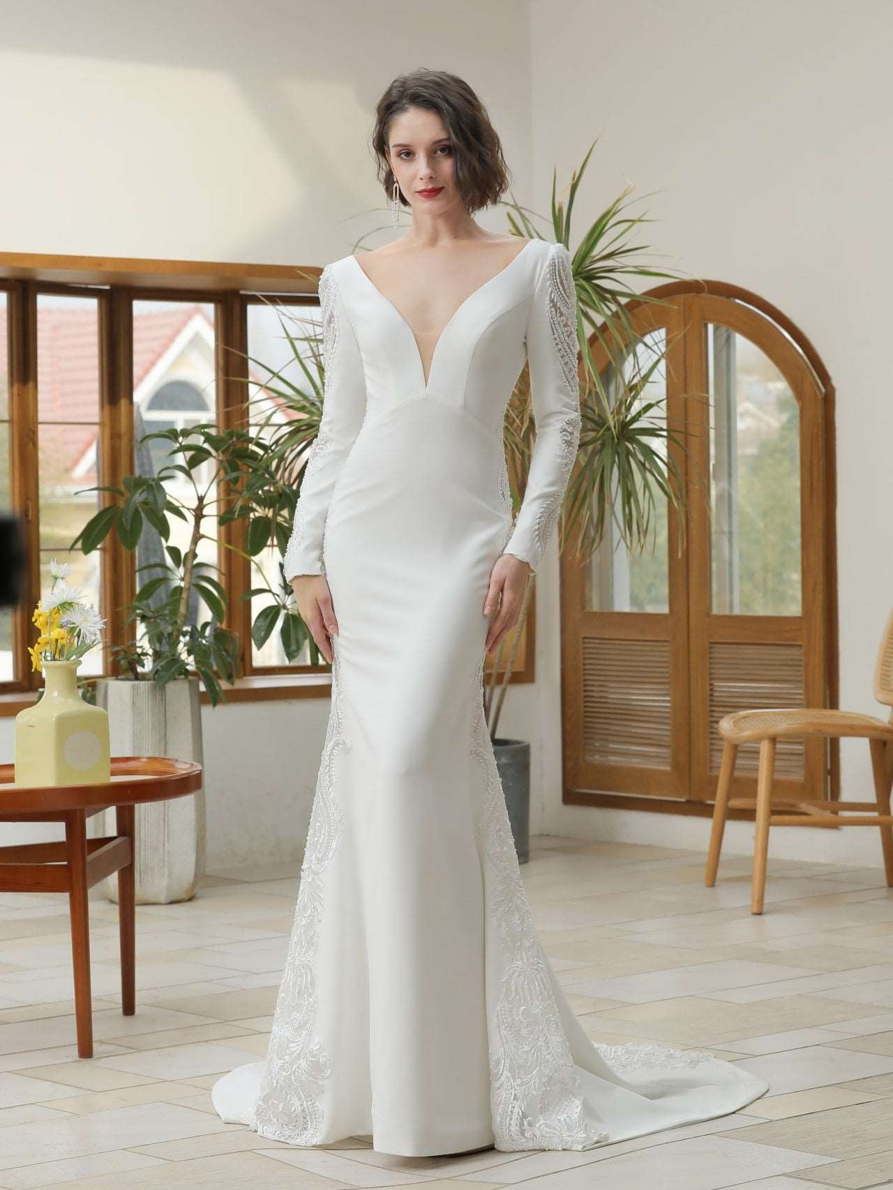 Low V-Neckline Crepe Fit & Flare Wedding Dress Silvia