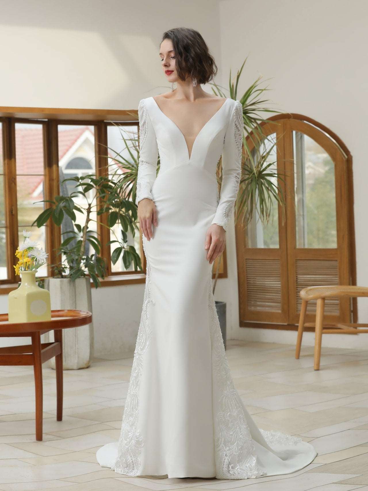 Low V-Neckline Crepe Fit & Flare Wedding Dress Silvia