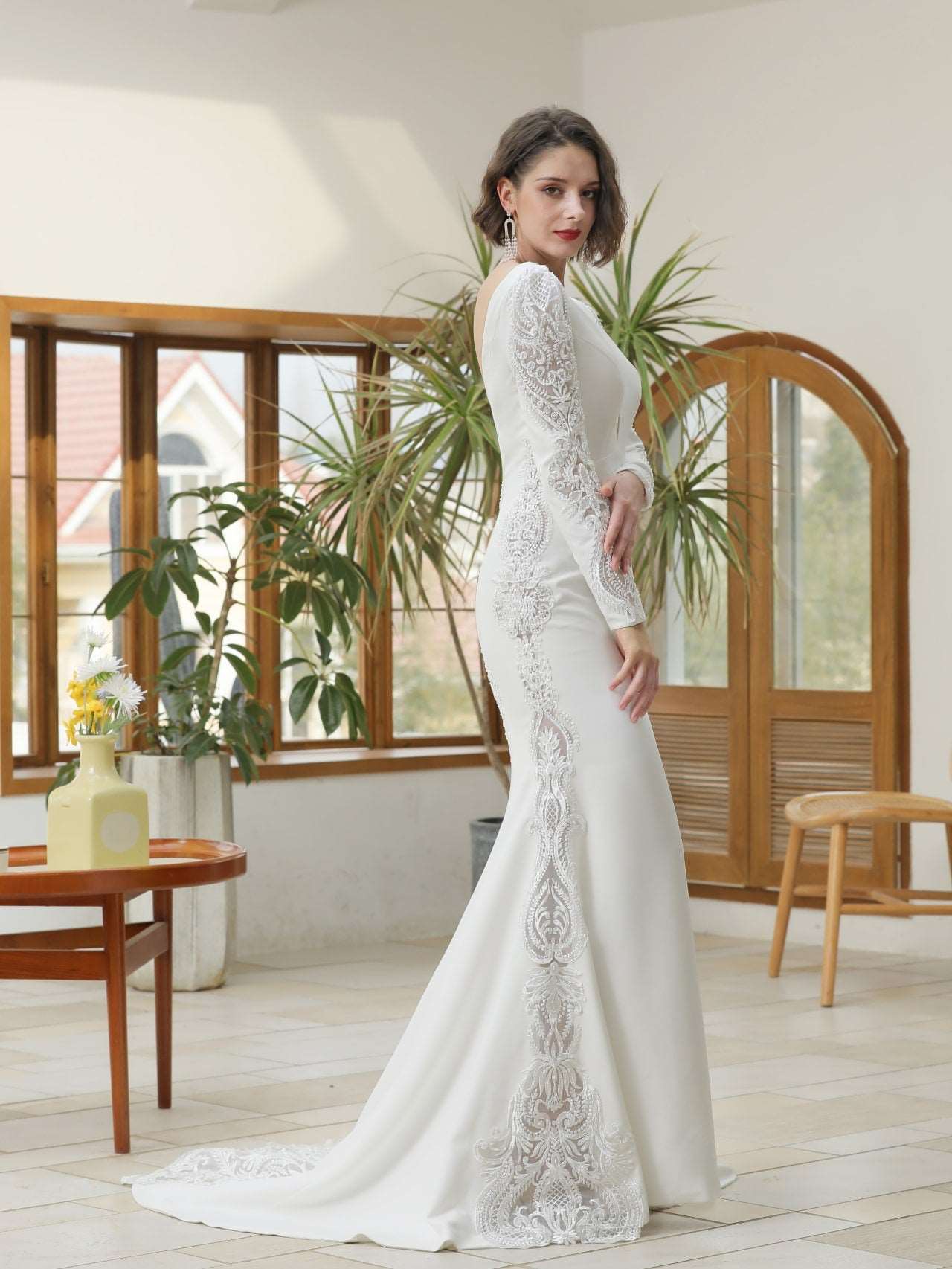 Low V-Neckline Crepe Fit & Flare Wedding Dress Silvia