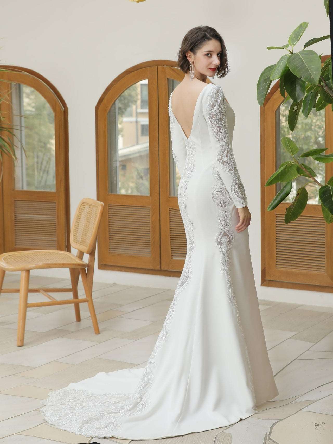 Low V-Neckline Crepe Fit & Flare Wedding Dress Silvia