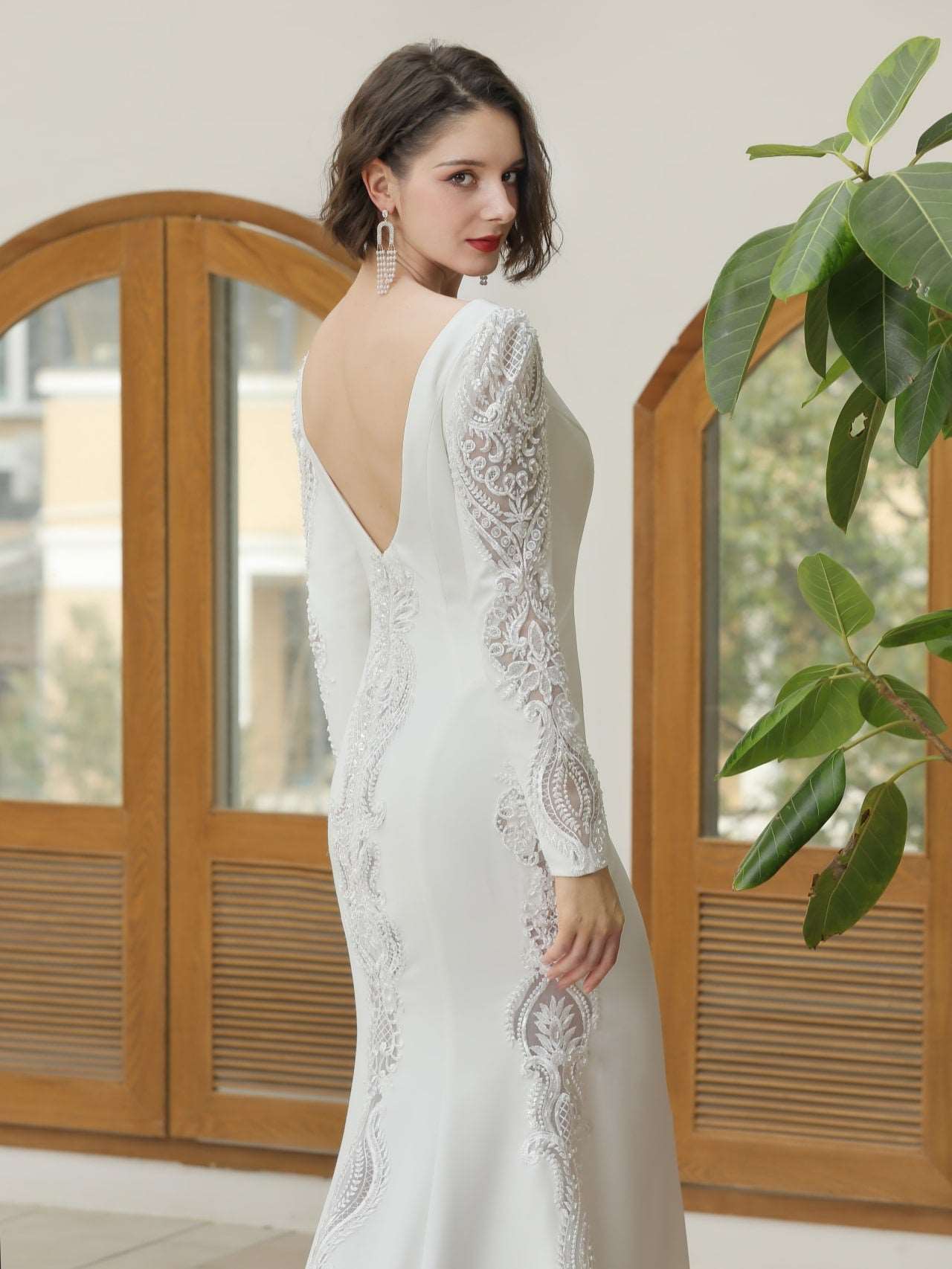 Low V-Neckline Crepe Fit & Flare Wedding Dress Silvia