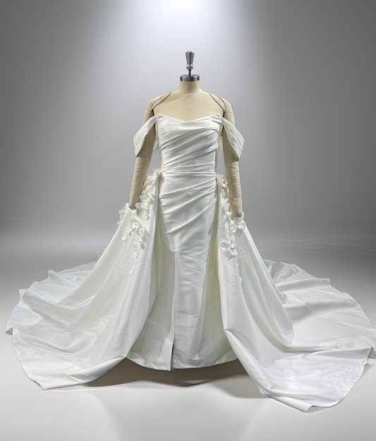 Off-the-Shoulder Handmade Floral Mikado Wedding Dress - A.Cherie Couture Shop