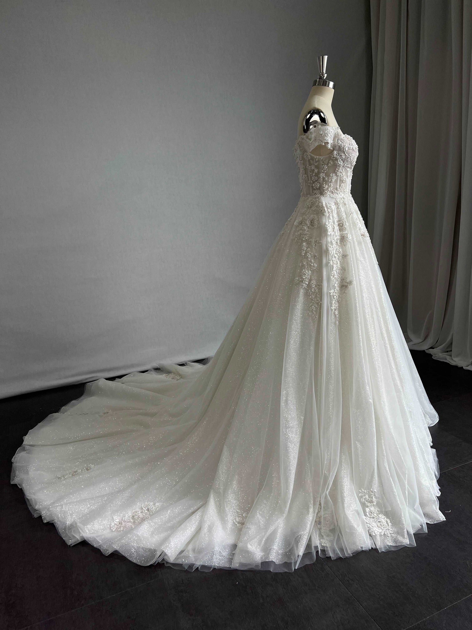 Off Shoulder Beaded Lace & Glitter A-Line Wedding Dress | Shop A.Cherie Light Ivory / Custom Size Off Shoulder Beaded Lace & Glitter A-Line Wedding Dress | Shop A.Cherie Light Ivory / Custom Size