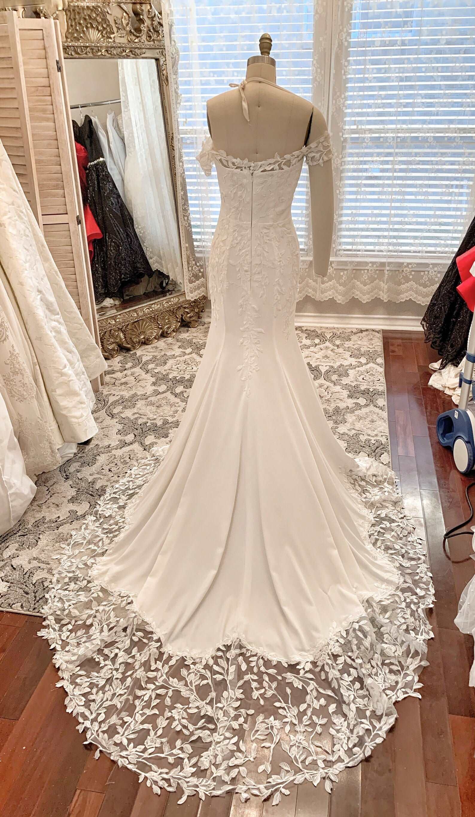 Off Shoulder Leaf Lace Fit & Flare Wedding Dress | Shop A.Cherie Off Shoulder Leaf Lace Fit & Flare Wedding Dress | Shop A.Cherie