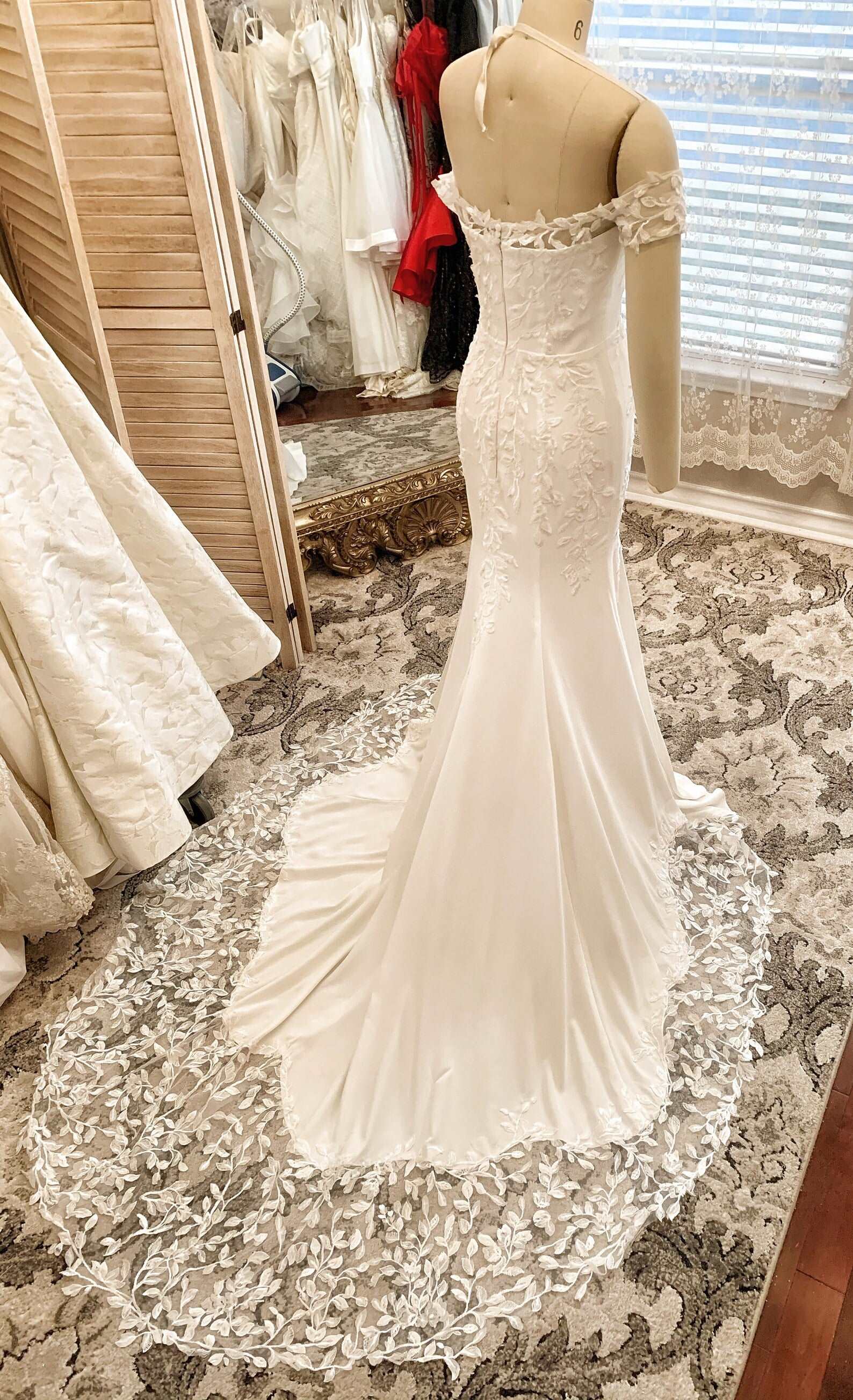 Off Shoulder Leaf Lace Fit & Flare Wedding Dress | Shop A.Cherie Light Ivory / Custom Size Off Shoulder Leaf Lace Fit & Flare Wedding Dress | Shop A.Cherie Light Ivory / Custom Size