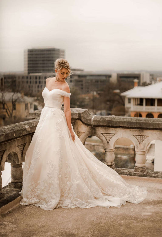 Off Shoulder Pleated with Floral Lace Full A-Line Wedding Dress Bella