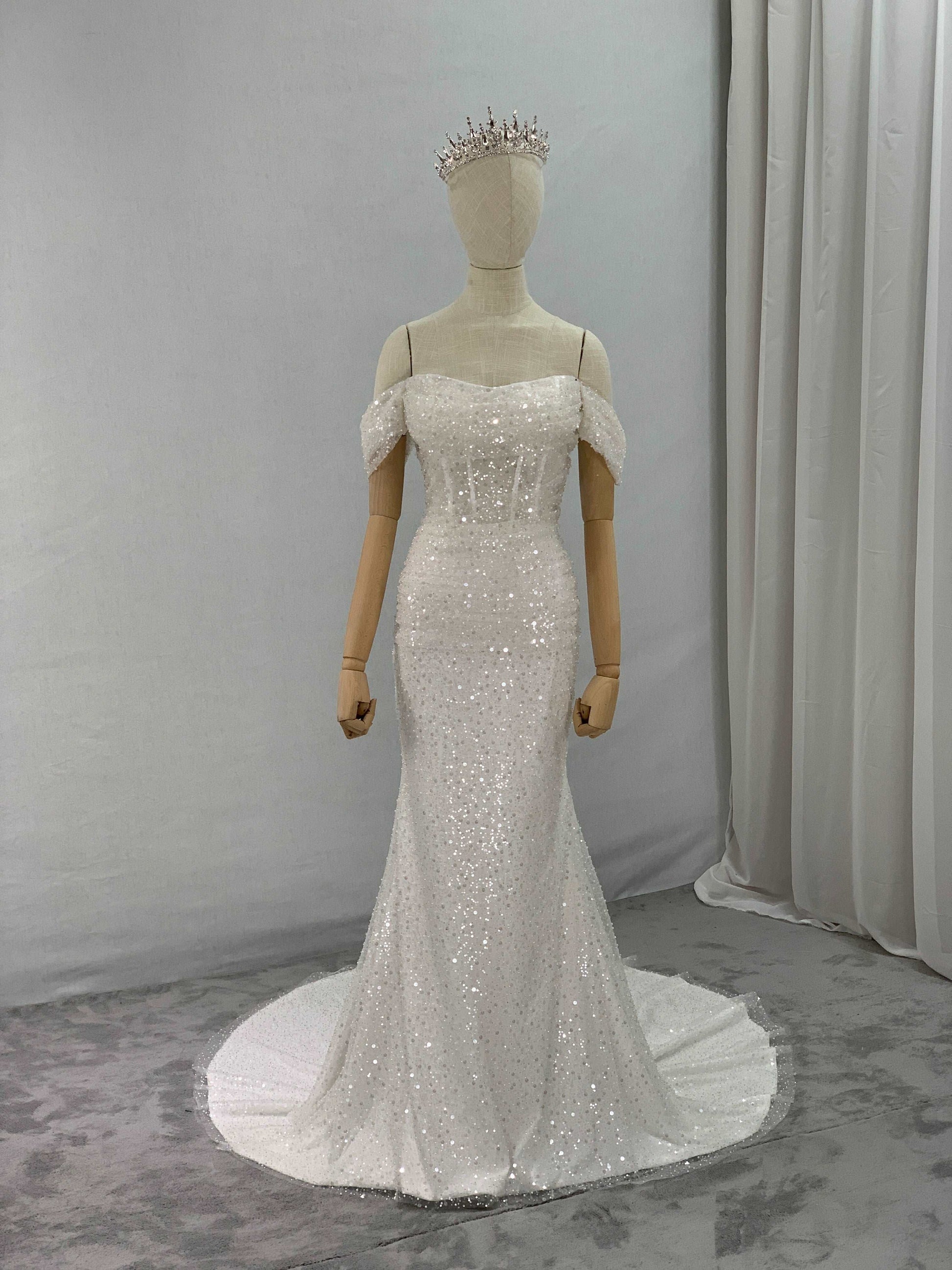 Off Shoulder Sequin Fit & Flare Wedding Dress | Shop A.Cherie Off Shoulder Sequin Fit & Flare Wedding Dress | Shop A.Cherie