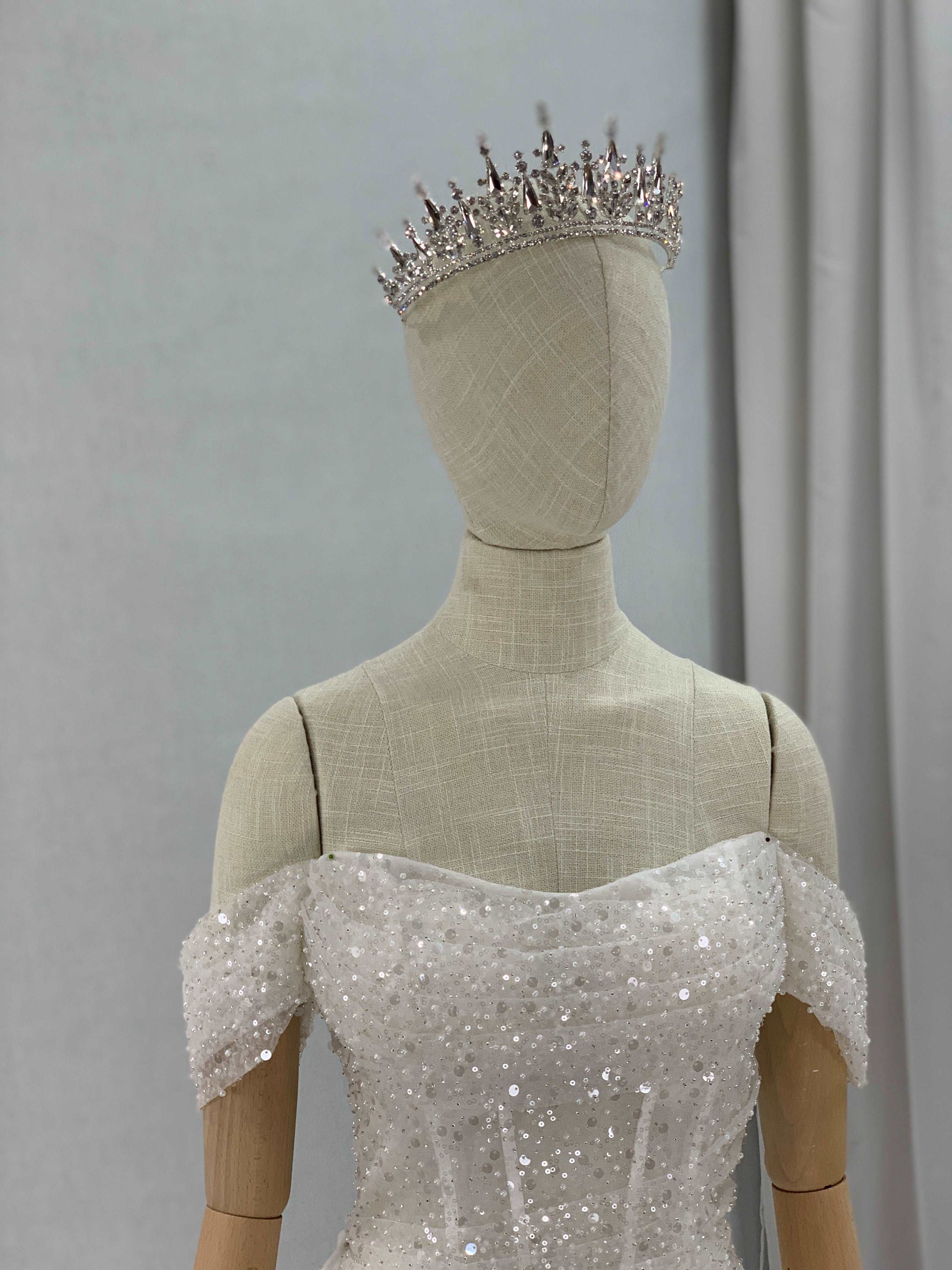 Off Shoulder Sequin Fit & Flare Wedding Dress | Shop A.Cherie Light Ivory / US 8 / Yes Overskirt + Off Shoulder Sequin Fit & Flare Wedding Dress | Shop A.Cherie Light Ivory / US 8 / Yes Overskirt +