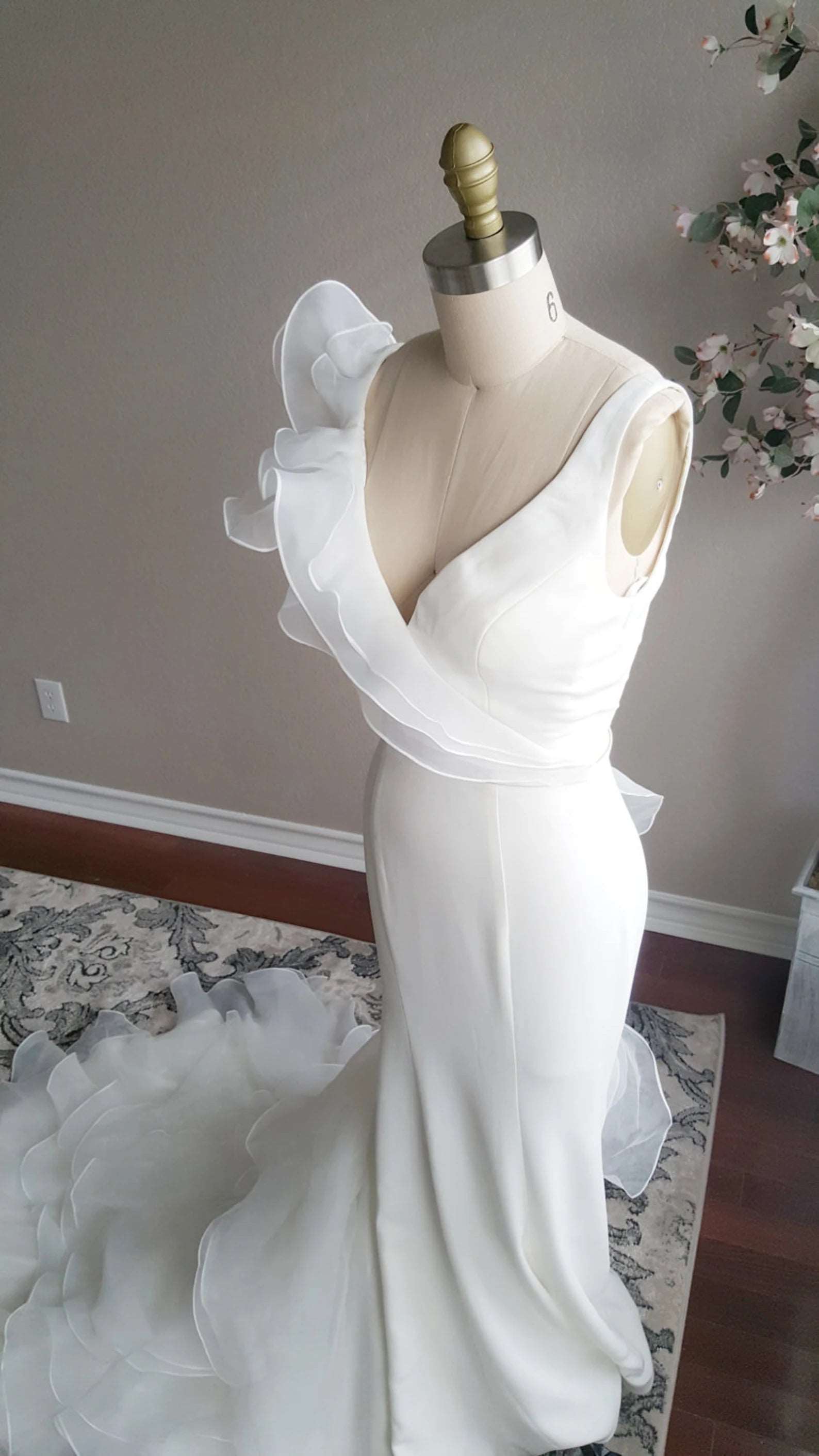 asymmetrical organza wedding dress T262017 Gorgeous Satin Couture Mermaid Gown with Asymmetrical Portrait Neckline and Organza Pouf