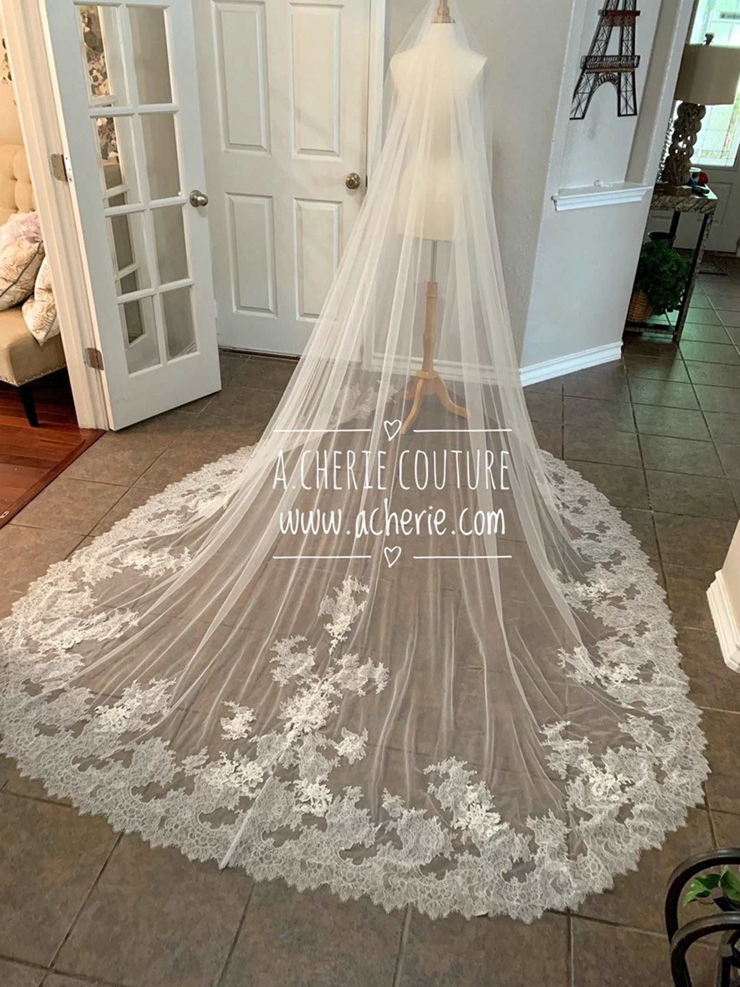 Pearl Beaded Chantilly Lace Royal Veil