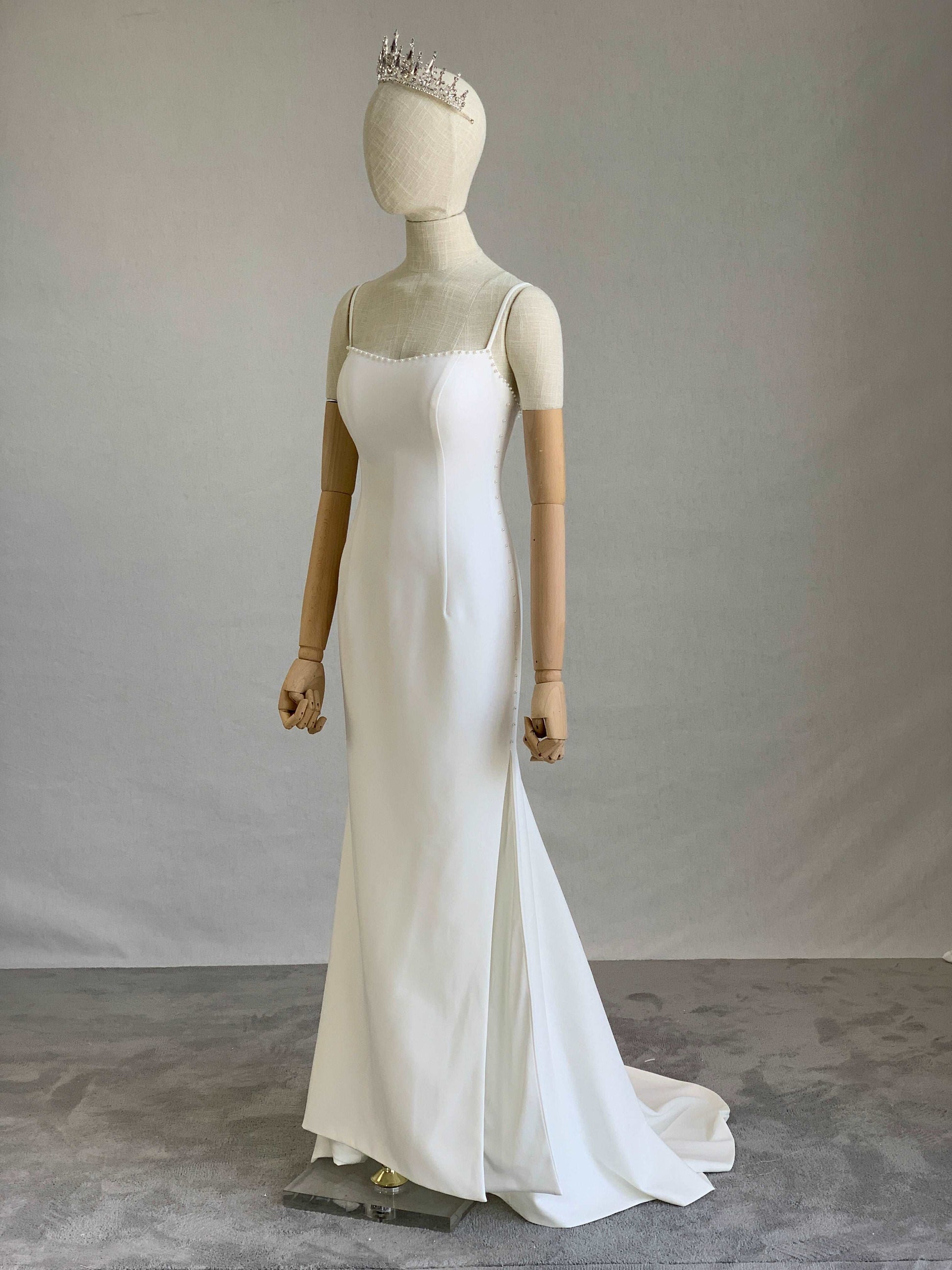 Pearl Detailing Crepe Sheath Wedding Dress Perla with Slit