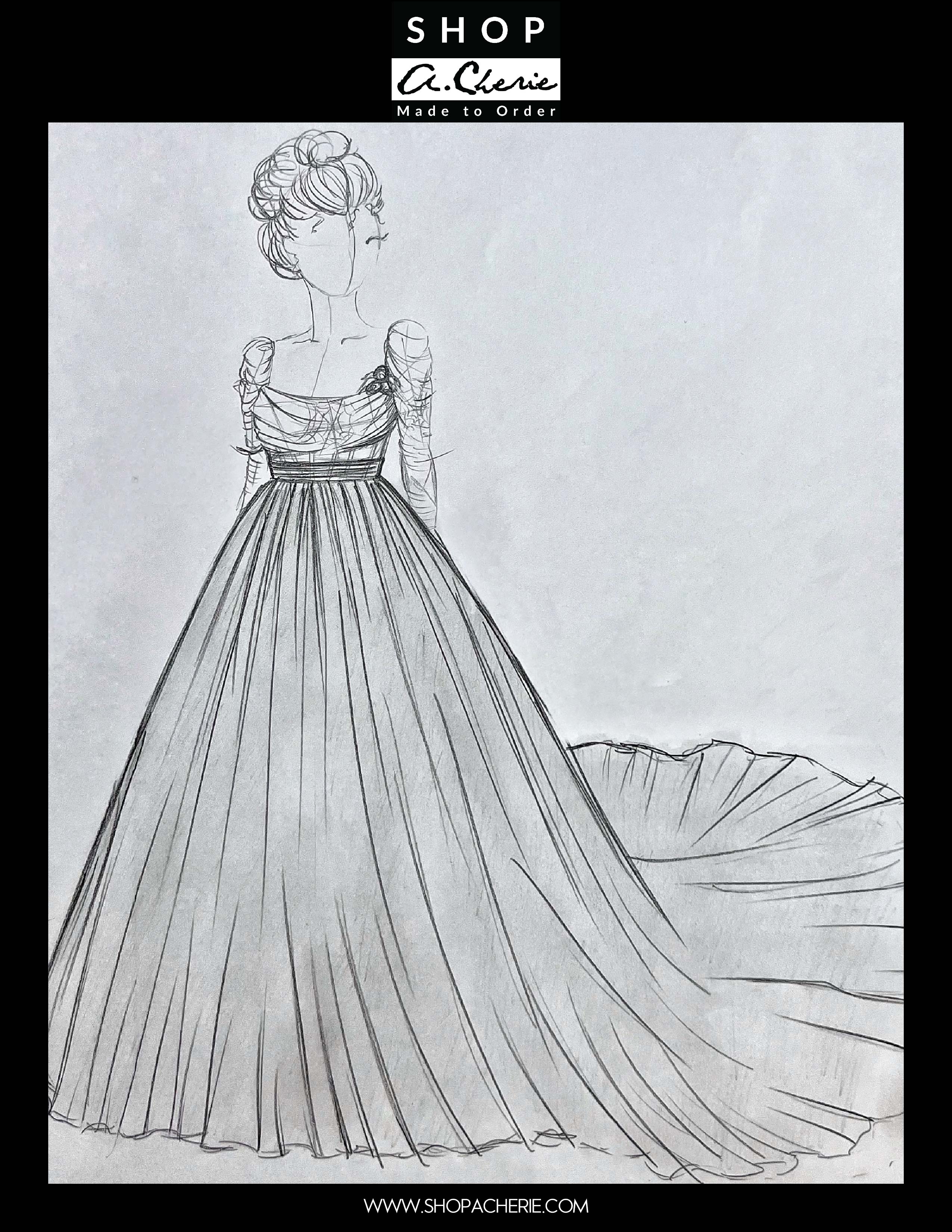 Pencil Sketch of made to order wedding dress with overskirt