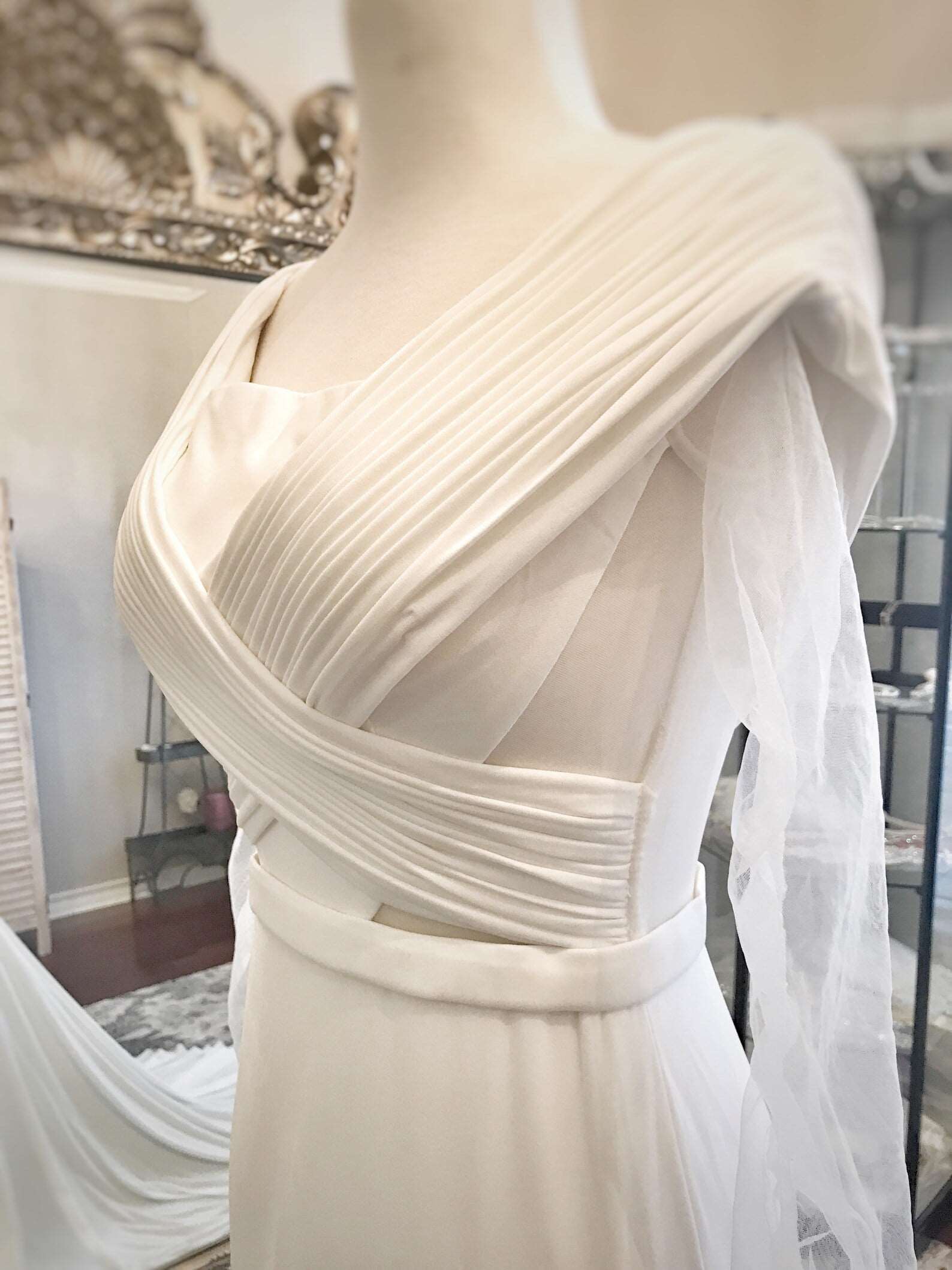 Pleated Bodice with Cut Outs Fit & Flare Wedding Dress | Shop A.Cherie Light Ivory / US14 Pleated Bodice with Cut Outs Fit & Flare Wedding Dress | Shop A.Cherie Light Ivory / US14