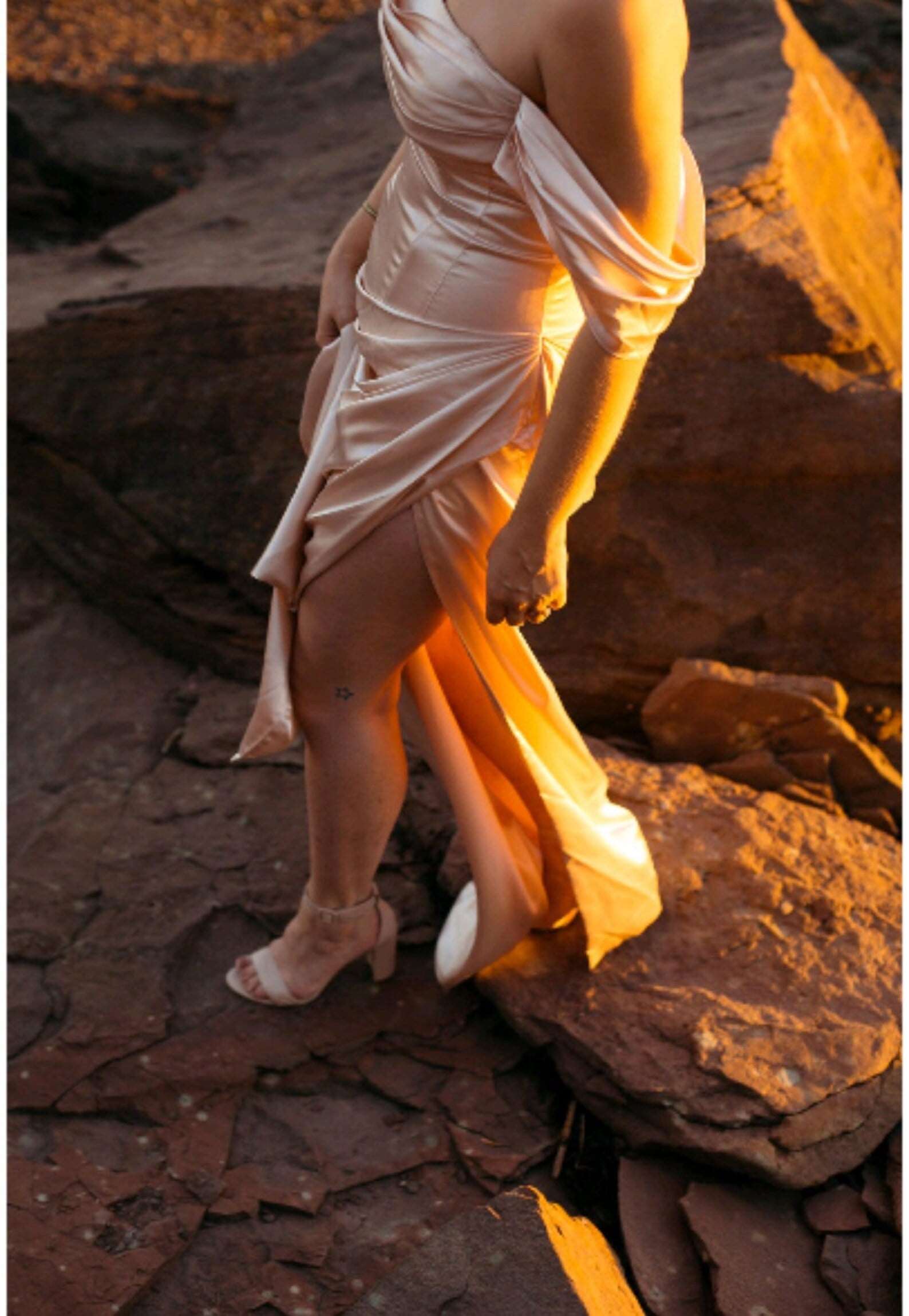 Pleated Drape Fit & Flare Wedding Dress with Slit | Shop A.Cherie Light Ivory / US14 Pleated Drape Fit & Flare Wedding Dress with Slit | Shop A.Cherie Light Ivory / US14