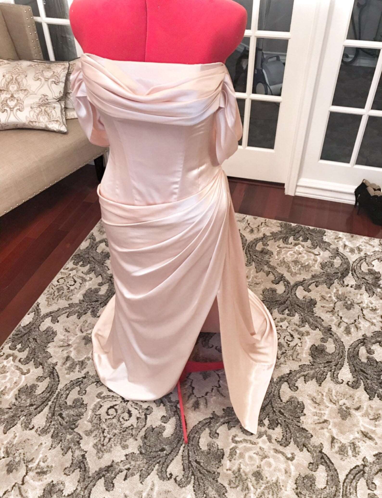 Pleated Drape Fit & Flare Wedding Dress with Slit | Shop A.Cherie Light Ivory / US14 Pleated Drape Fit & Flare Wedding Dress with Slit | Shop A.Cherie Light Ivory / US14