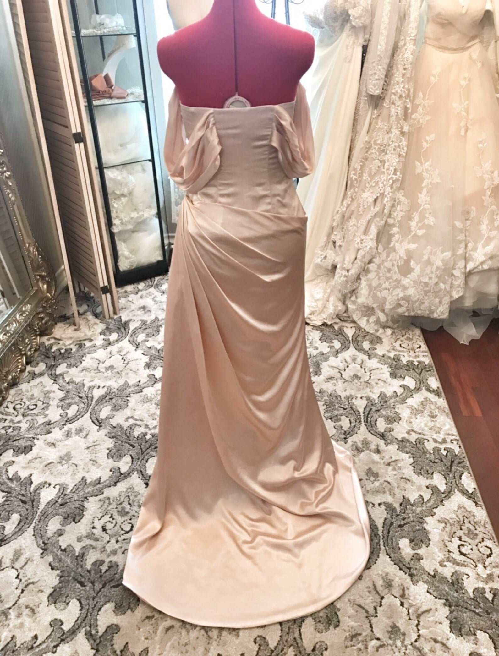Pleated Drape Fit & Flare Wedding Dress with Slit | Shop A.Cherie Light Ivory / US14 Pleated Drape Fit & Flare Wedding Dress with Slit | Shop A.Cherie Light Ivory / US14
