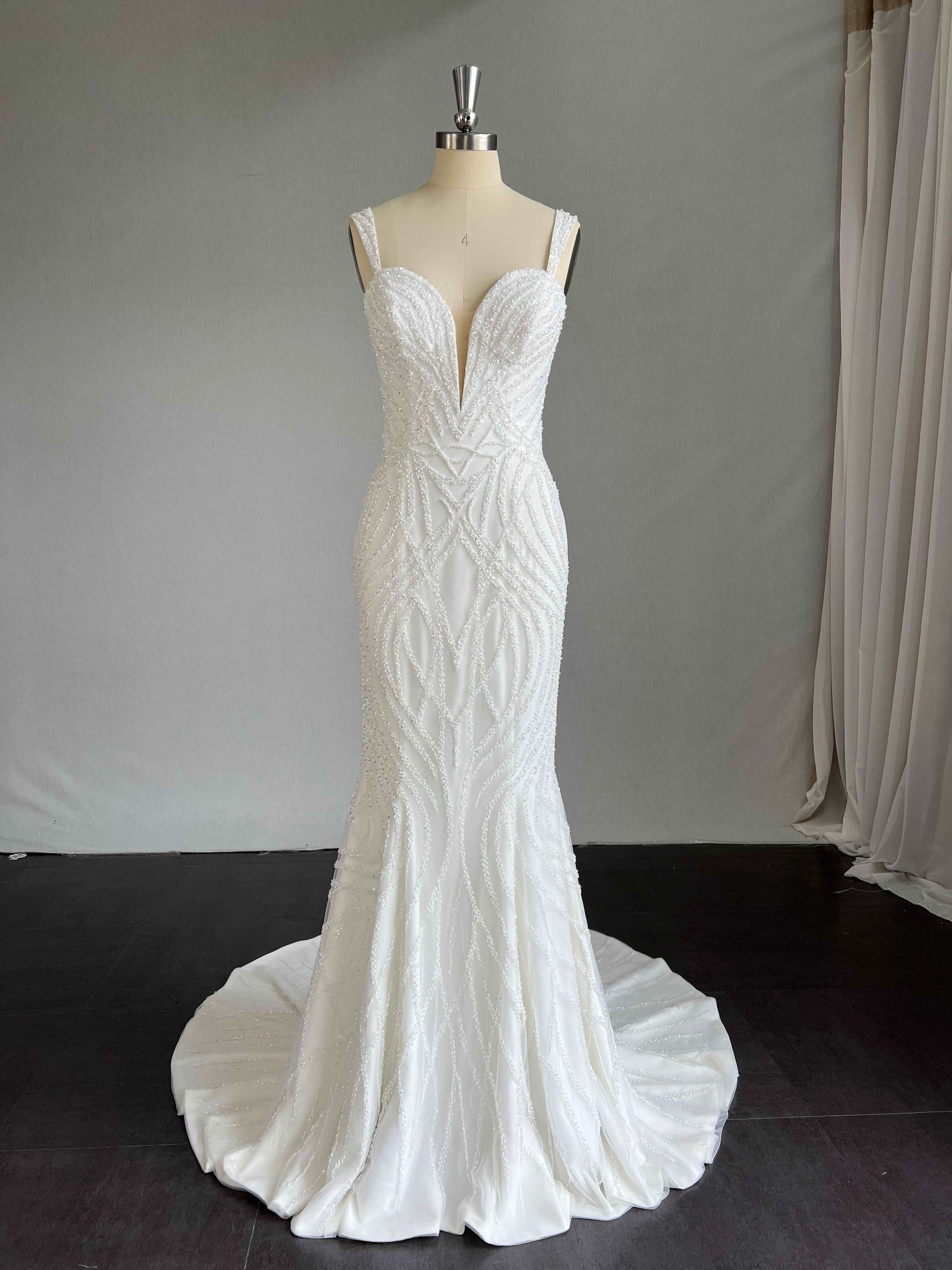 Plunge Beaded Lace Crepe Fit & Flare Wedding Dress | Shop A.Cherie Plunge Beaded Lace Crepe Fit & Flare Wedding Dress | Shop A.Cherie