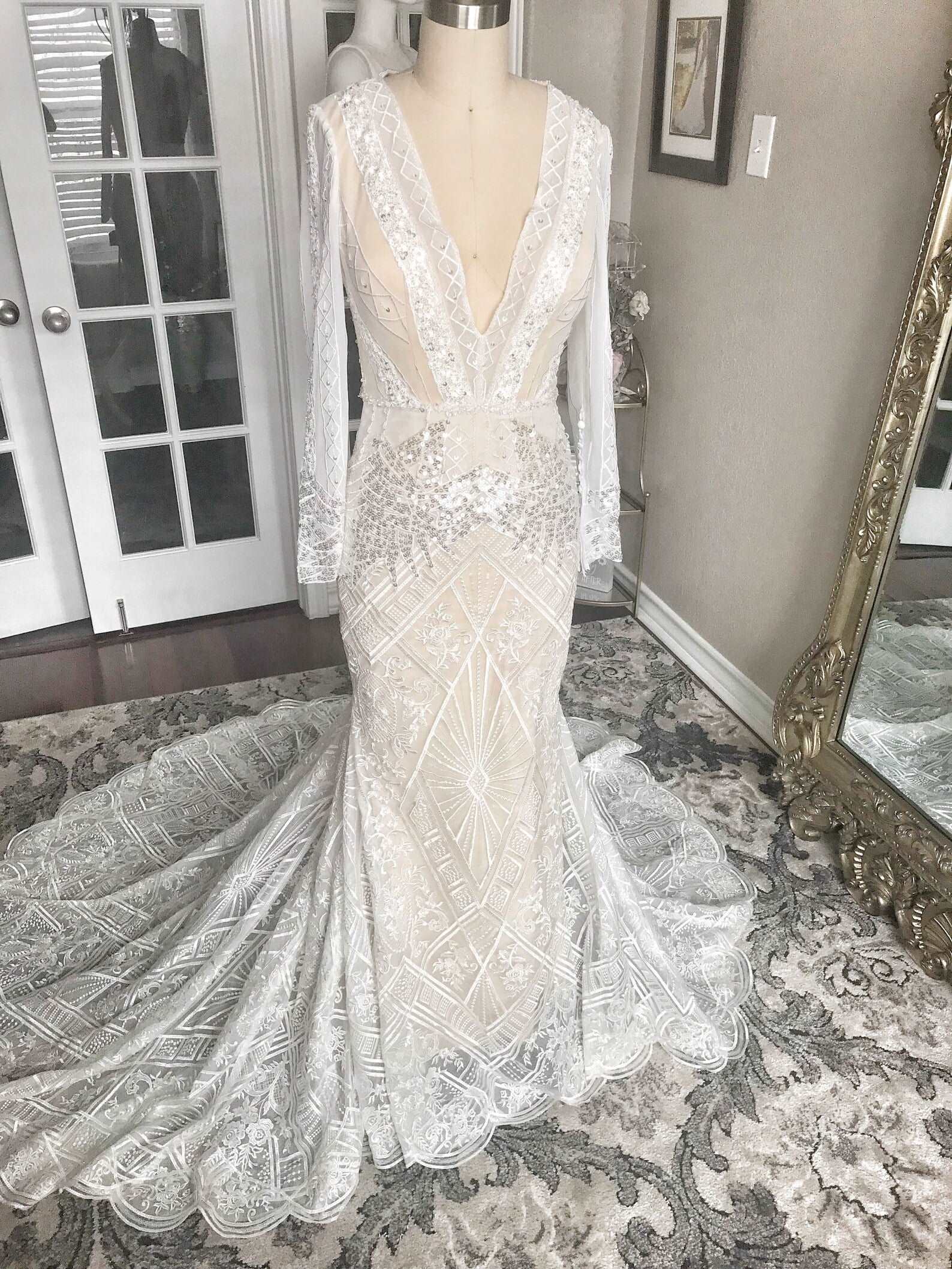 Plunge Neckline Beaded Lace Fit & Flare Wedding Dress | Shop A.Cherie Light Ivory / US16 Plunge Neckline Beaded Lace Fit & Flare Wedding Dress | Shop A.Cherie Light Ivory / US16