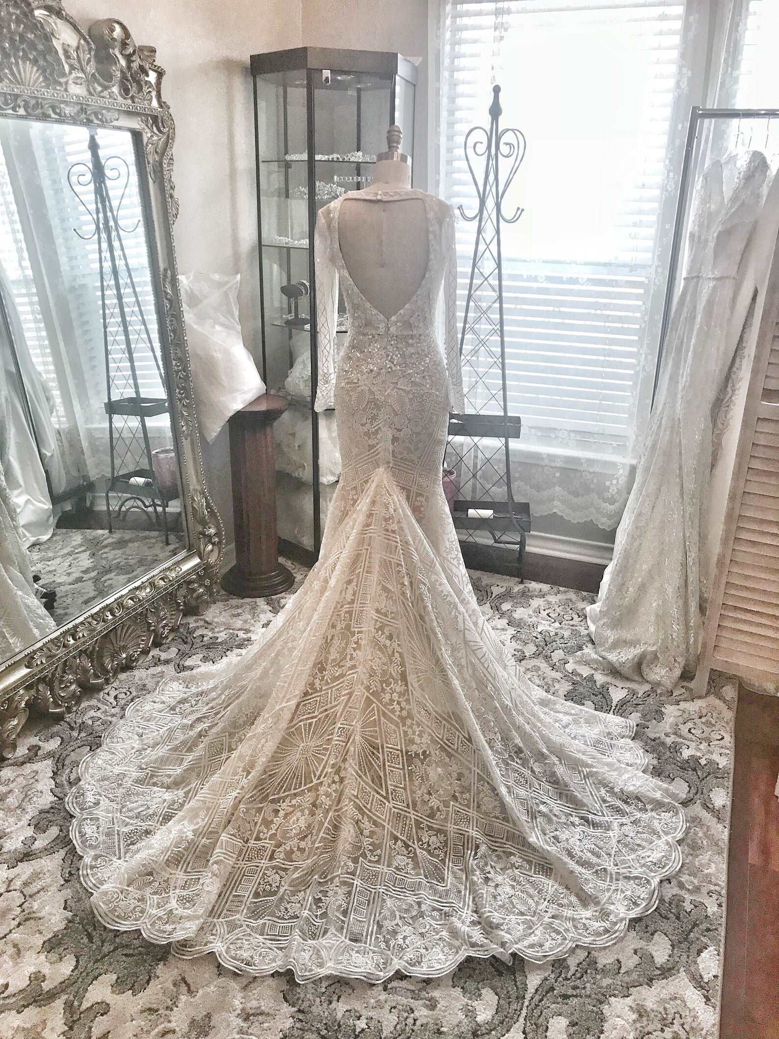 Plunge Neckline Beaded Lace Fit & Flare Wedding Dress | Shop A.Cherie Light Ivory / US16 Plunge Neckline Beaded Lace Fit & Flare Wedding Dress | Shop A.Cherie Light Ivory / US16