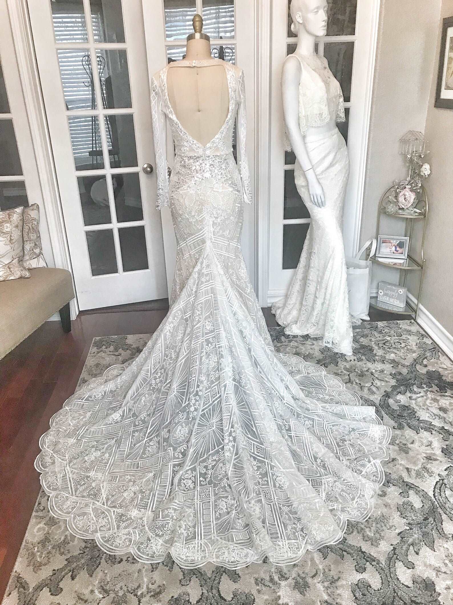 Plunge Neckline Beaded Lace Fit & Flare Wedding Dress | Shop A.Cherie Light Ivory / US16 Plunge Neckline Beaded Lace Fit & Flare Wedding Dress | Shop A.Cherie Light Ivory / US16