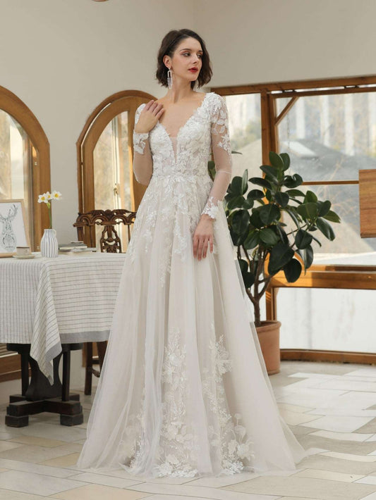 Plunge Neckline Sequin Floral Lace A-Line Wedding Dress Monica