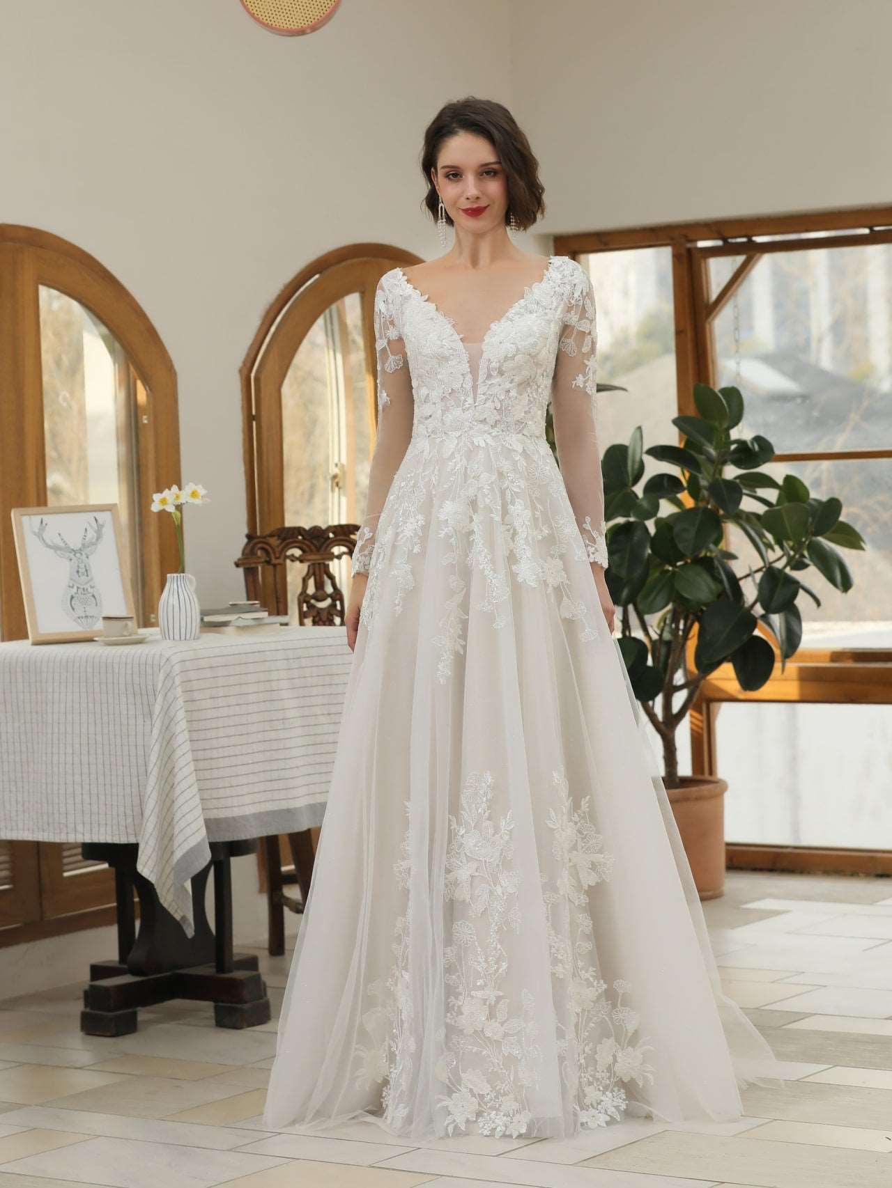 Plunge Neckline Sequin Floral Lace A-Line Wedding Dress Monica