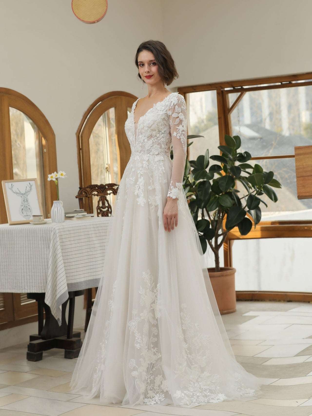 Plunge Neckline Sequin Floral Lace A-Line Wedding Dress Monica