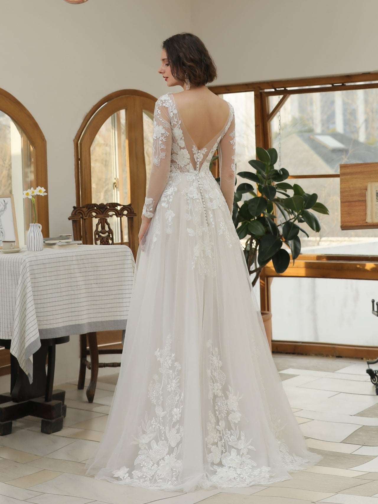 Plunge Neckline Sequin Floral Lace A-Line Wedding Dress Monica