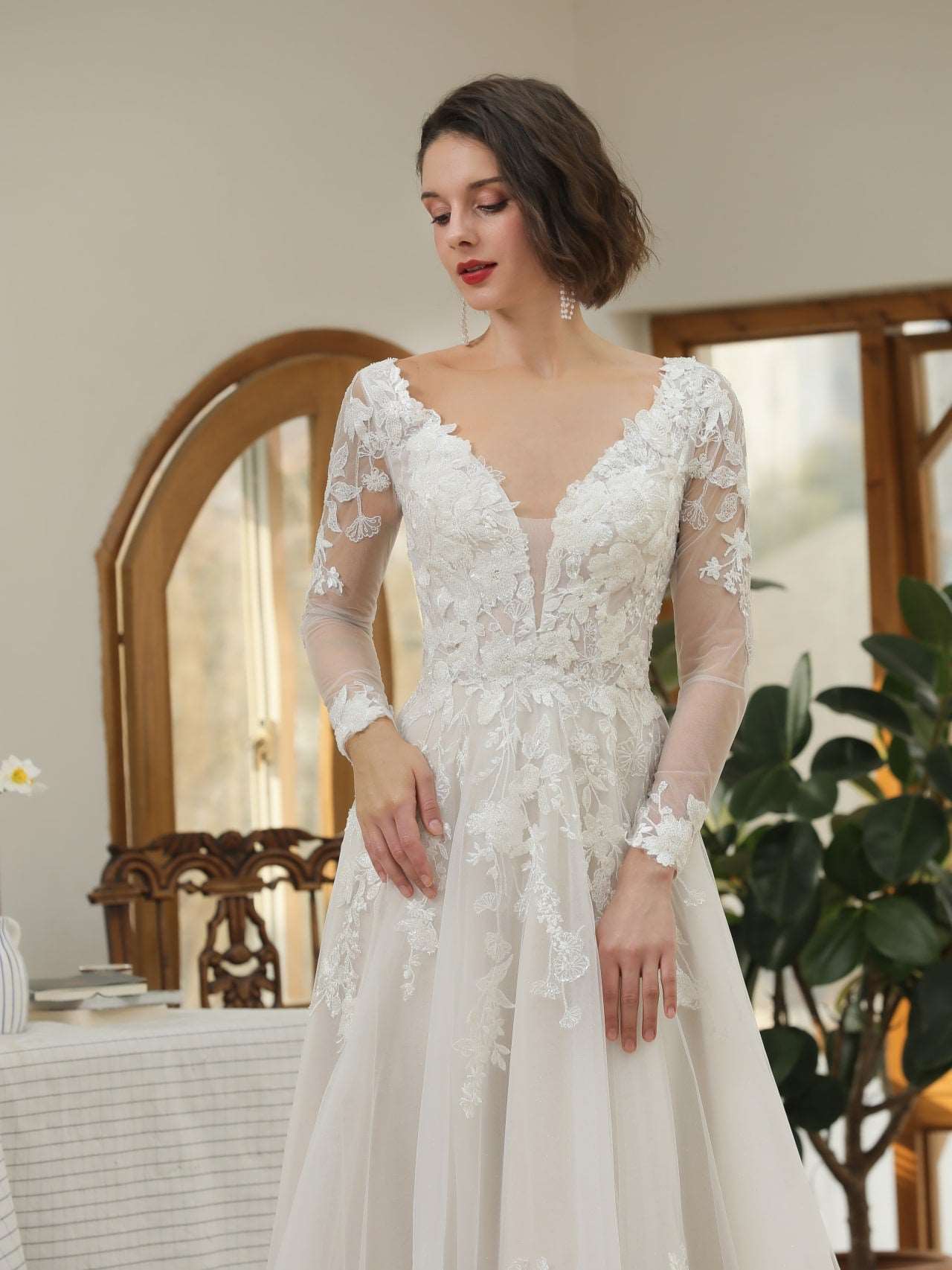 Plunge Neckline Sequin Floral Lace A-Line Wedding Dress Monica