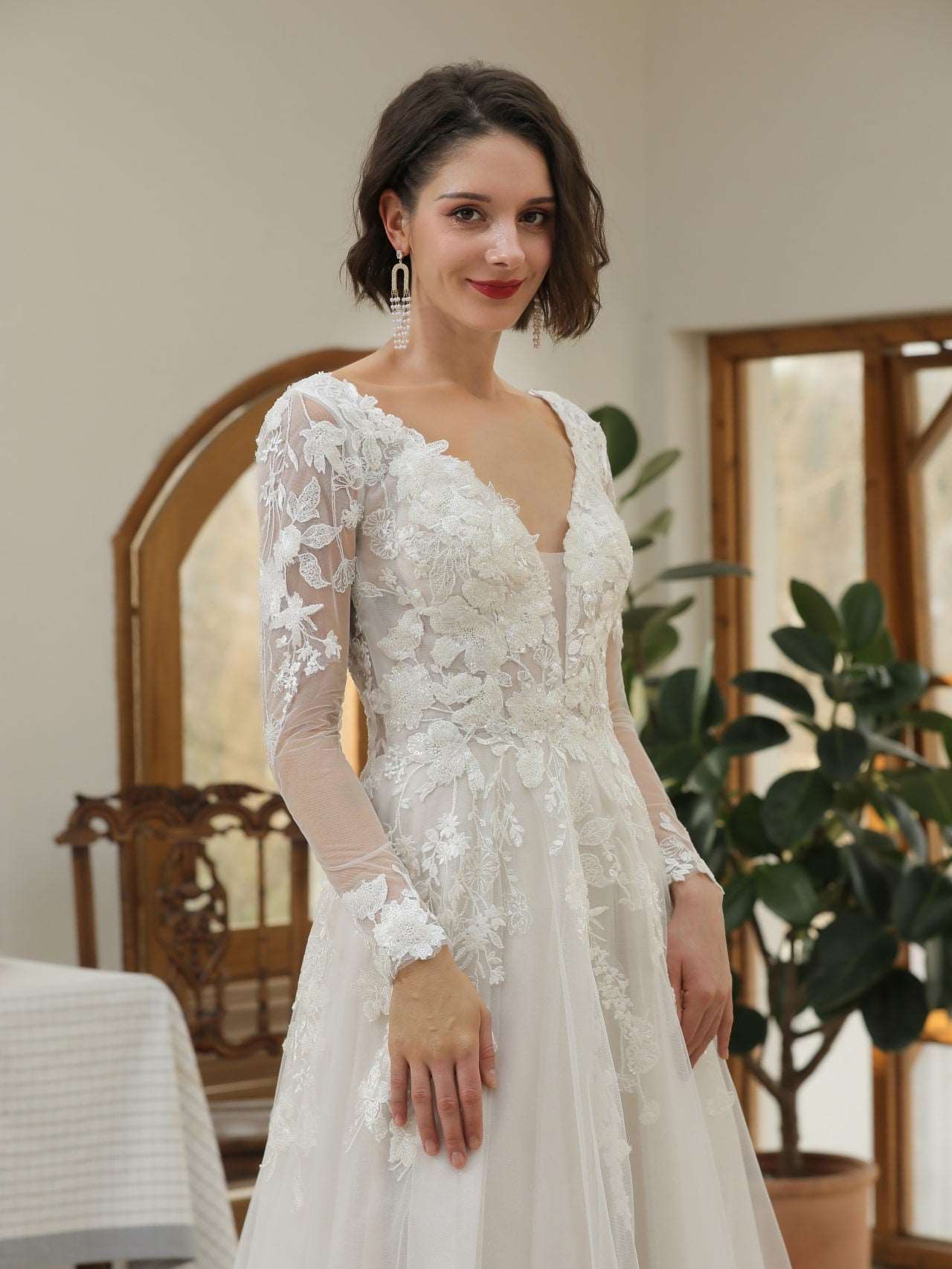 Plunge Neckline Sequin Floral Lace A-Line Wedding Dress Monica