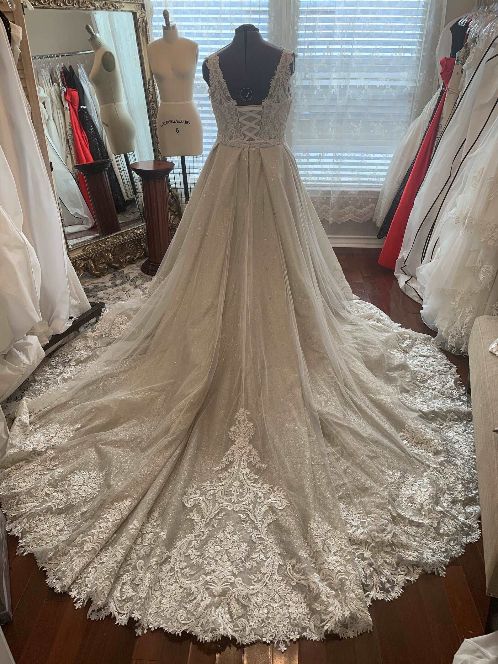 Plunge Neckline Floral Lace Trumpet Wedding Dress | Shop A.Cherie Light Ivory / US24 / No Overskirt Plunge Neckline Floral Lace Trumpet Wedding Dress | Shop A.Cherie Light Ivory / US24 / No Overskirt