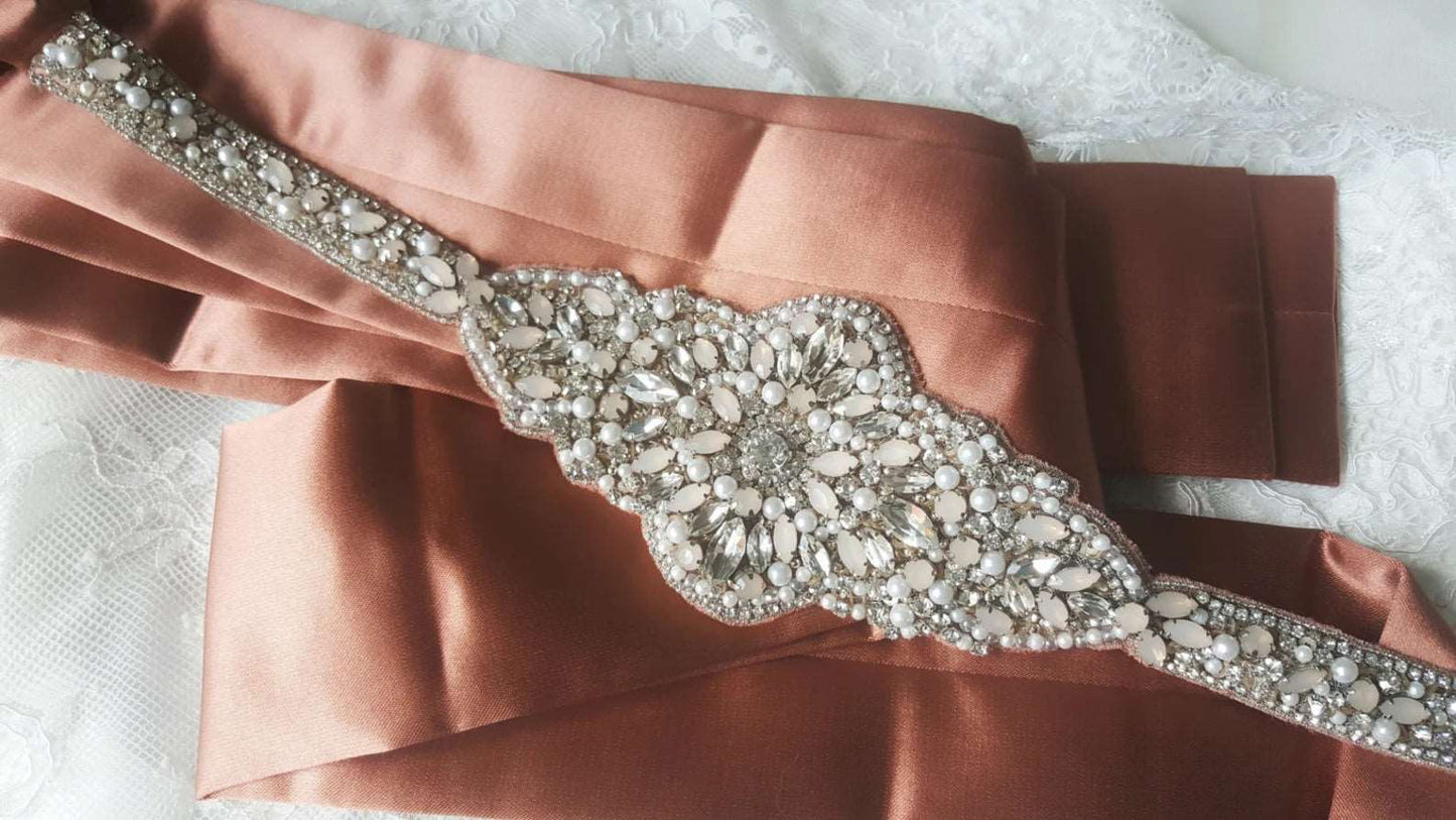 Rhinestone & Pearl Burnt Orange Sash