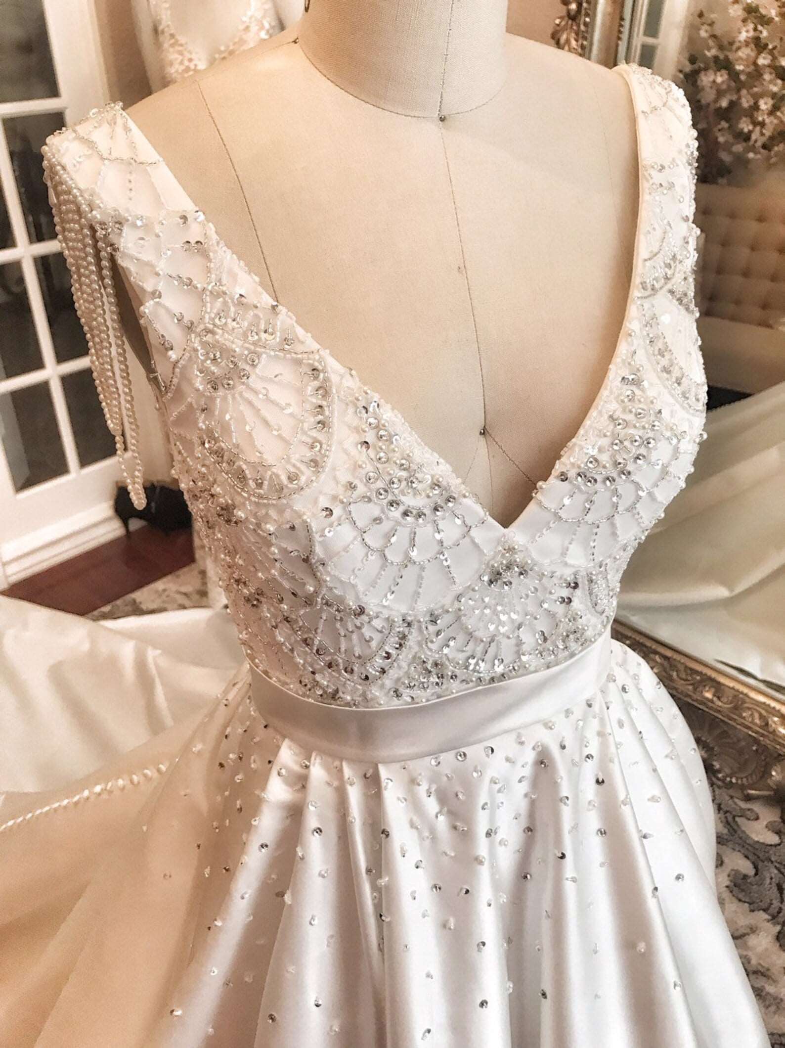 Satin Beaded Bodice Full A-Line Wedding Dress | Shop A.Cherie Light Ivory / Custom Size Satin Beaded Bodice Full A-Line Wedding Dress | Shop A.Cherie Light Ivory / Custom Size
