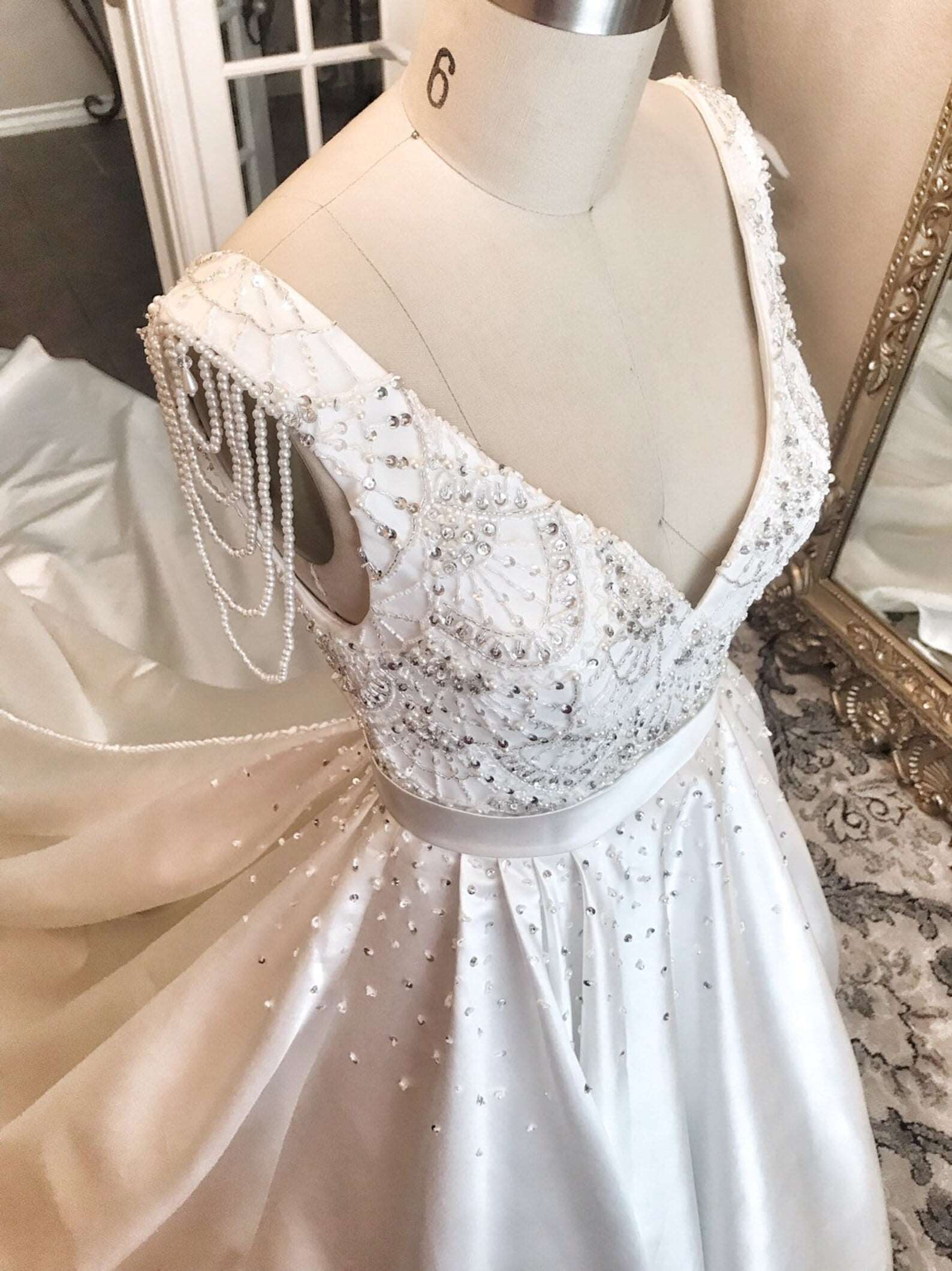 Satin Beaded Bodice Full A-Line Wedding Dress | Shop A.Cherie Light Ivory / Custom Size Satin Beaded Bodice Full A-Line Wedding Dress | Shop A.Cherie Light Ivory / Custom Size