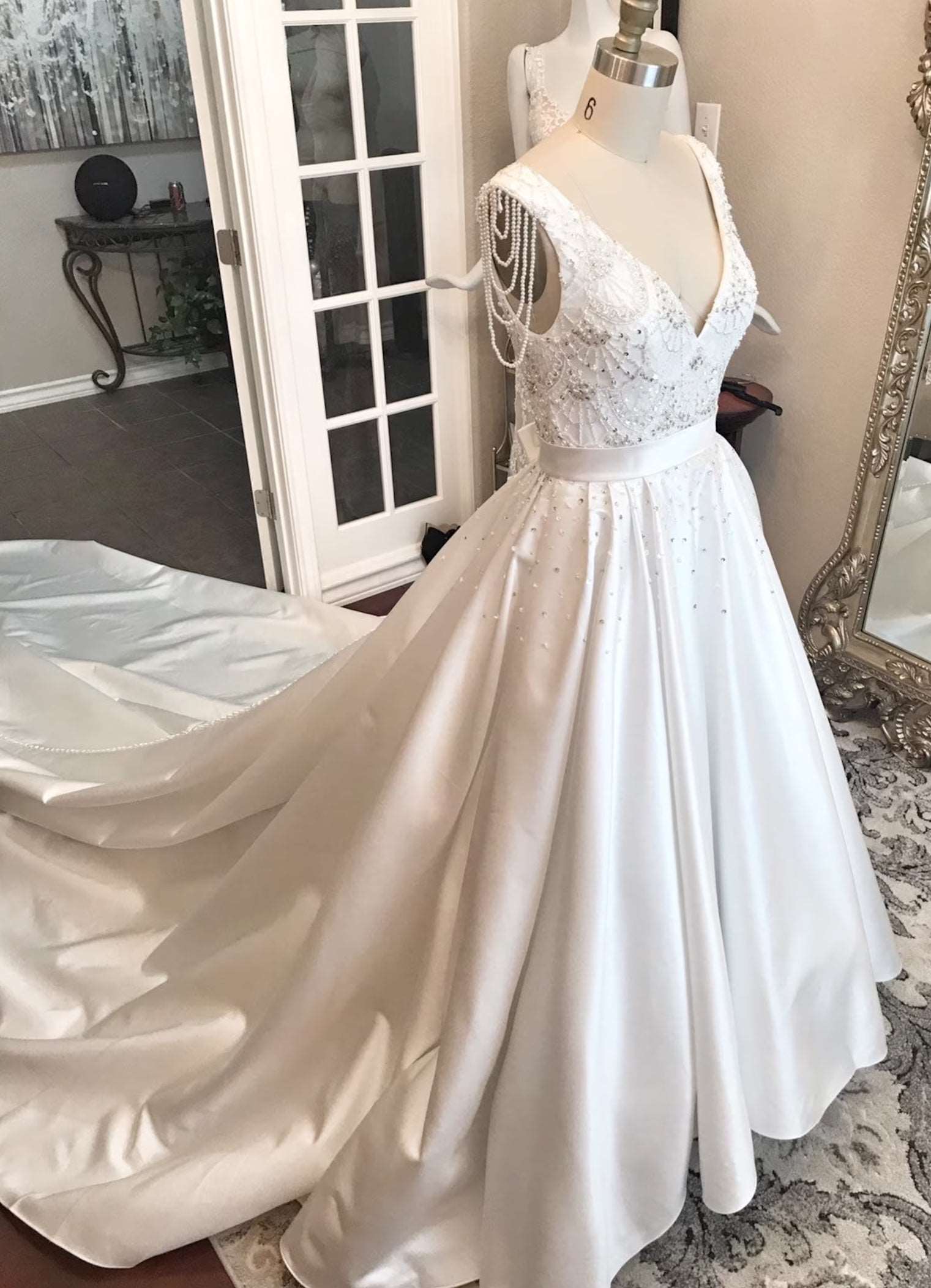 Satin Beaded Bodice Full A-Line Wedding Dress | Shop A.Cherie Light Ivory / Custom Size Satin Beaded Bodice Full A-Line Wedding Dress | Shop A.Cherie Light Ivory / Custom Size