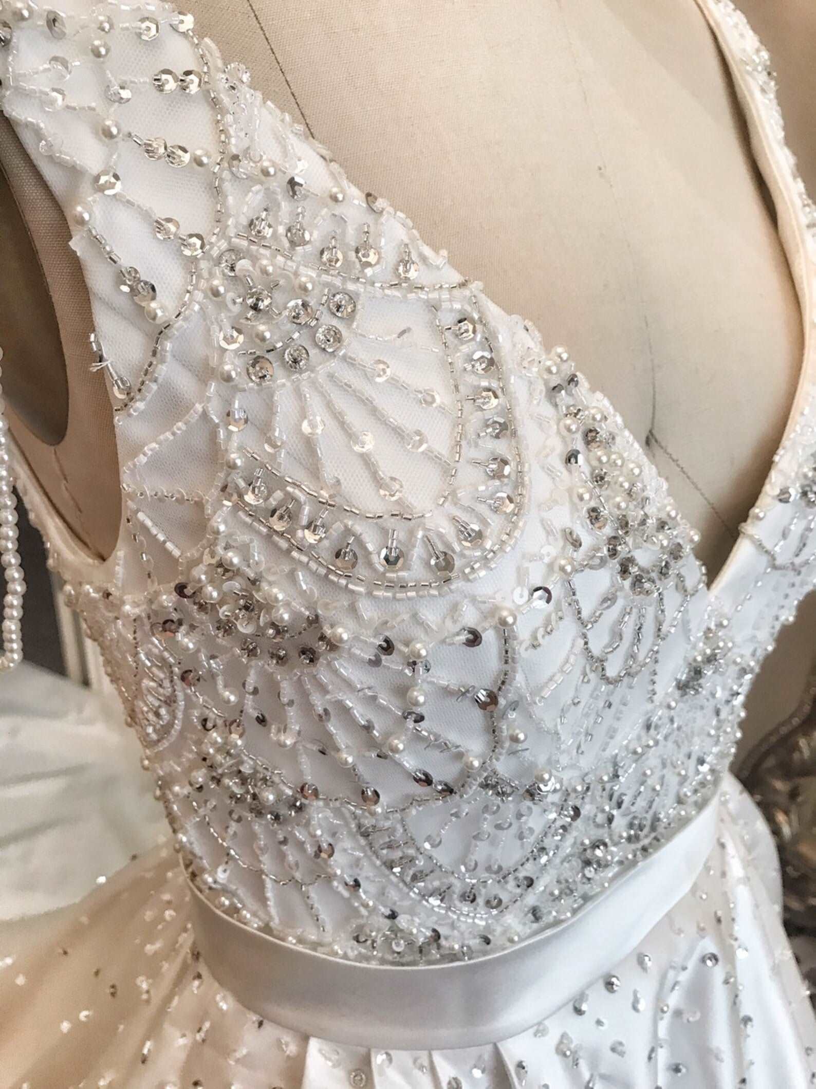 Satin Beaded Bodice Full A-Line Wedding Dress | Shop A.Cherie Light Ivory / Custom Size Satin Beaded Bodice Full A-Line Wedding Dress | Shop A.Cherie Light Ivory / Custom Size