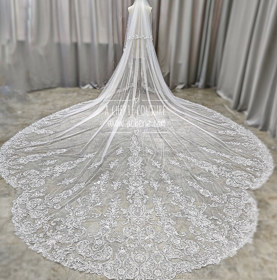 Custom Royal Length Scroll and Floral Lace veil for Kaylea - A.Cherie Couture Shop