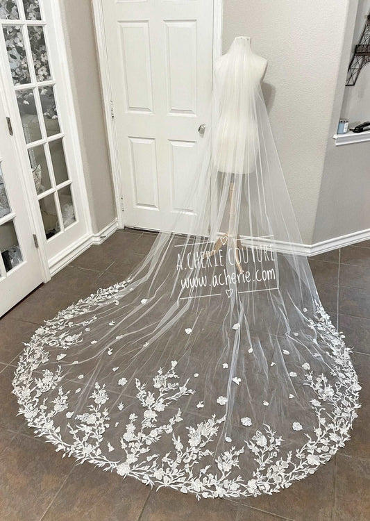 Floral & Leaf Lace Chapel Veil - A.Cherie Couture Shop