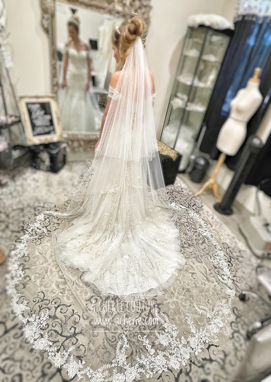 Style CHV05 Sequin Floral Lace Chapel Veil - A.Cherie Couture Shop